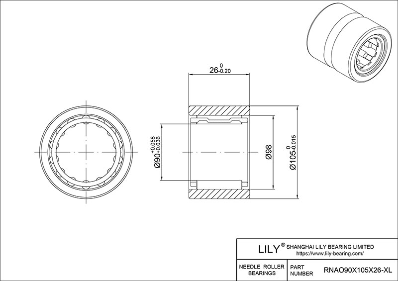 RNAO90X105X26-XL Heavy Duty Needle Roller Bearings (Machined) cad drawing