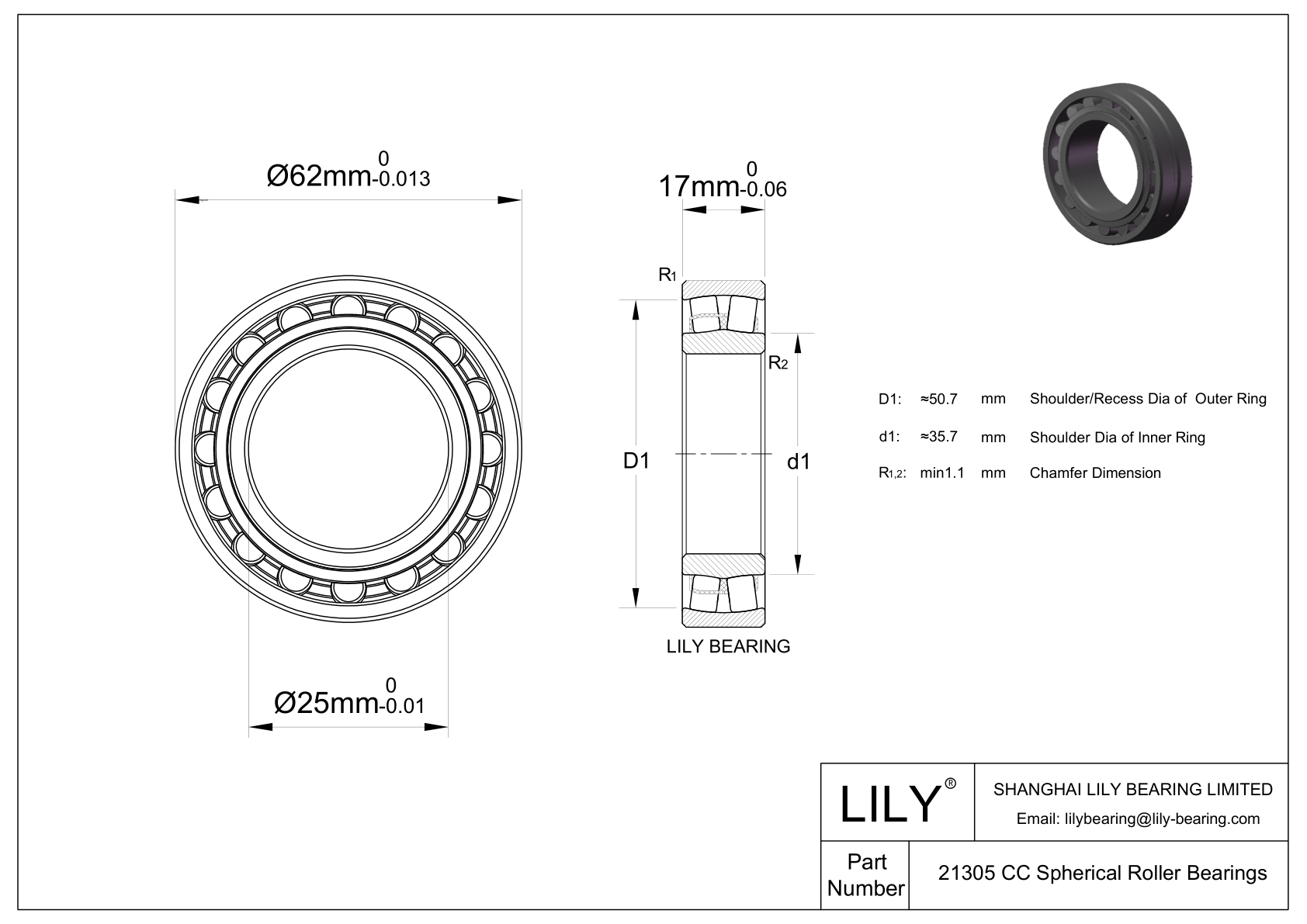 21305 CC Double Row Spherical Roller Bearing cad drawing