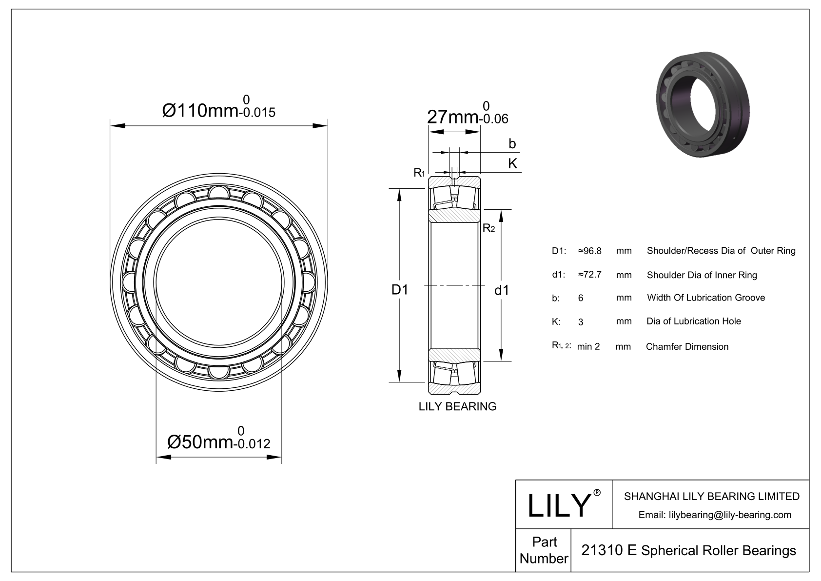 21310 E Double Row Spherical Roller Bearing cad drawing