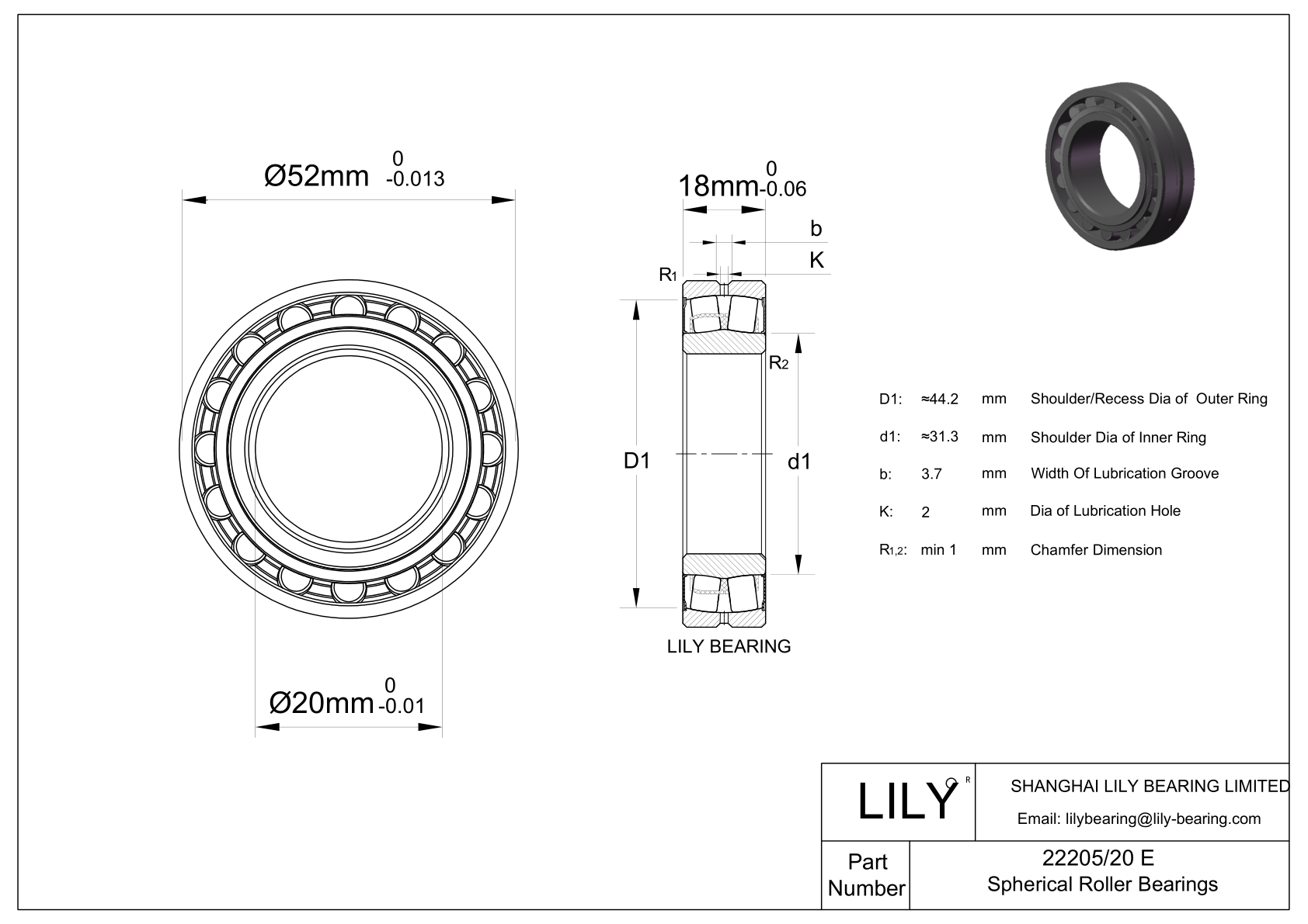 22205/20 E Double Row Spherical Roller Bearing cad drawing
