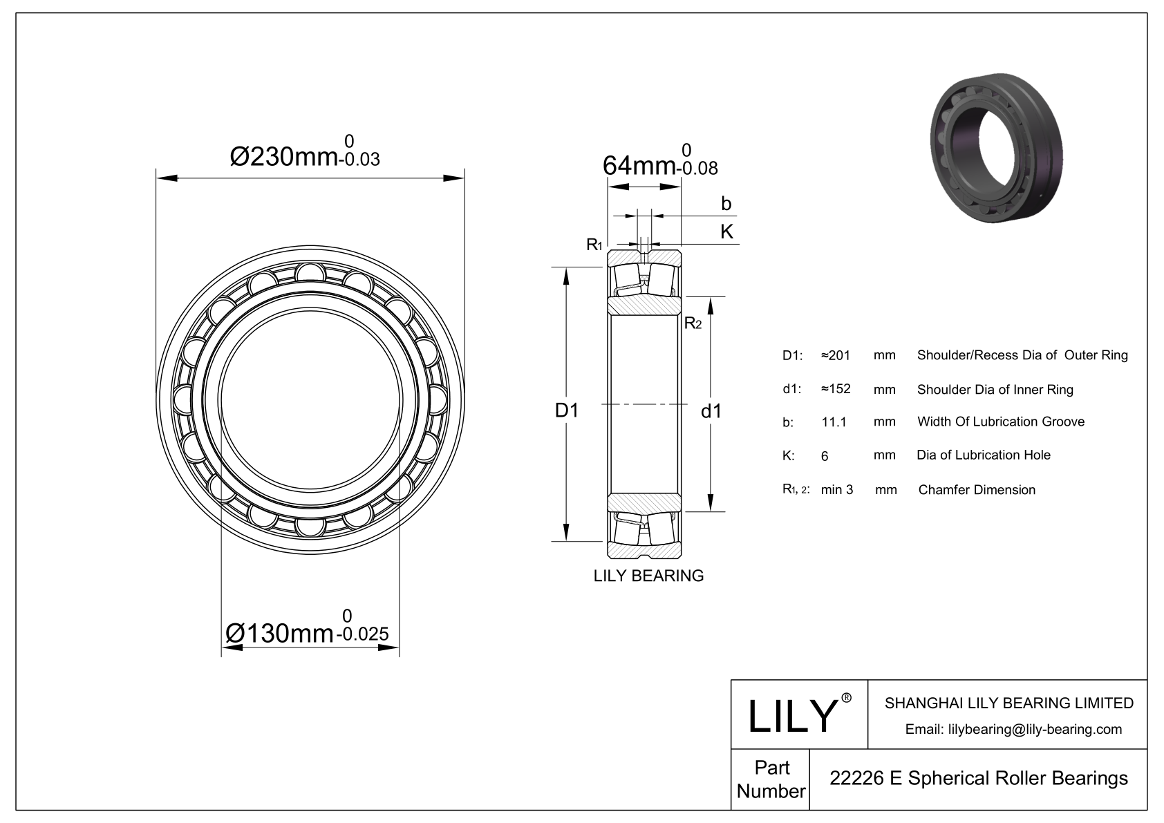 22226 E Double Row Spherical Roller Bearing cad drawing