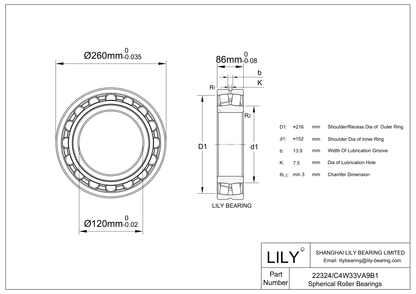22324/C4W33VA9B1 Double Row Spherical Roller Bearing cad drawing