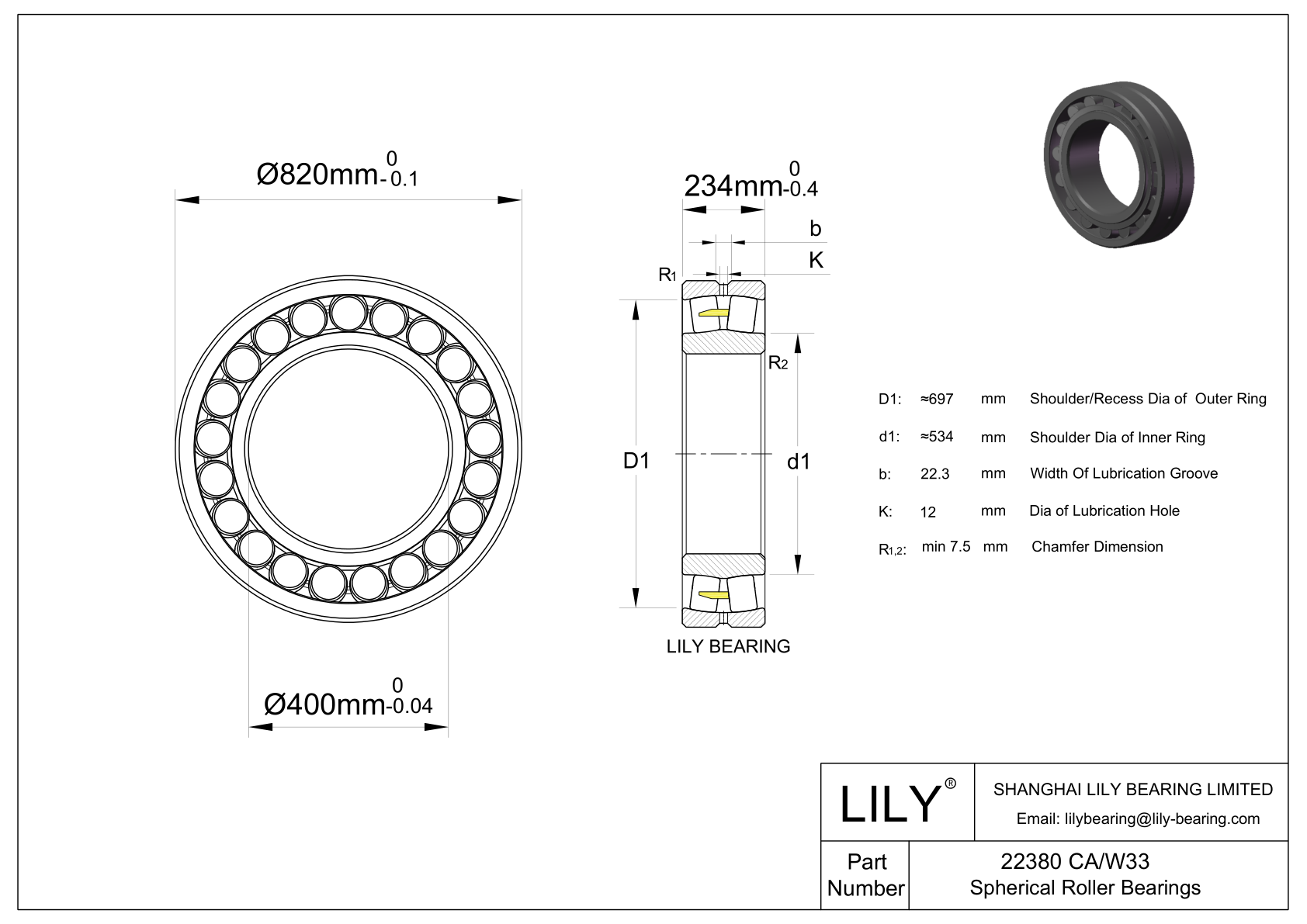 22380 CA/W33 Double Row Spherical Roller Bearing cad drawing