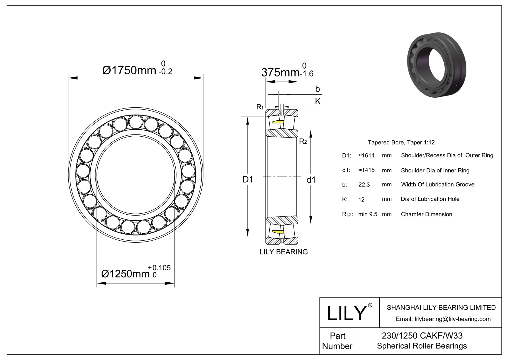 230/1250 CAKF/W33 Double Row Spherical Roller Bearing cad drawing