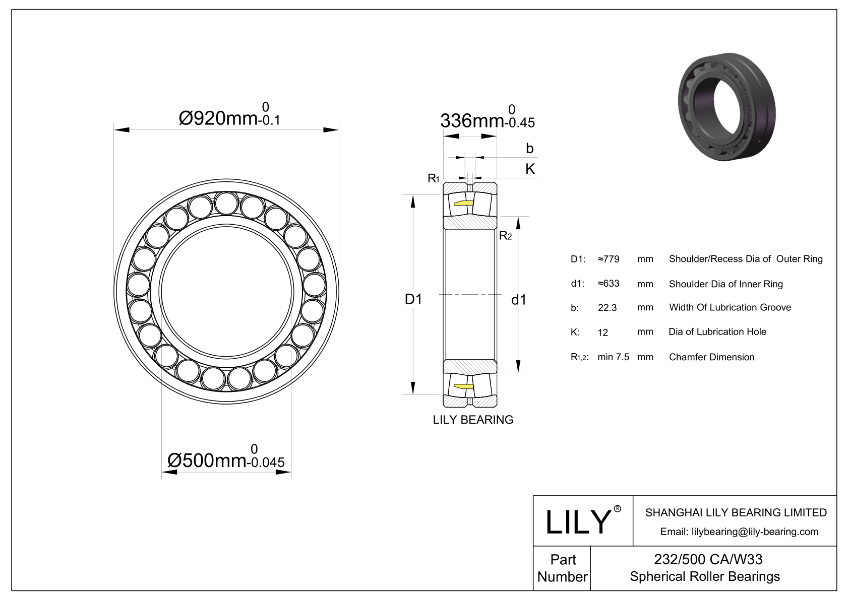 232/500 CA/W33 Double Row Spherical Roller Bearing cad drawing