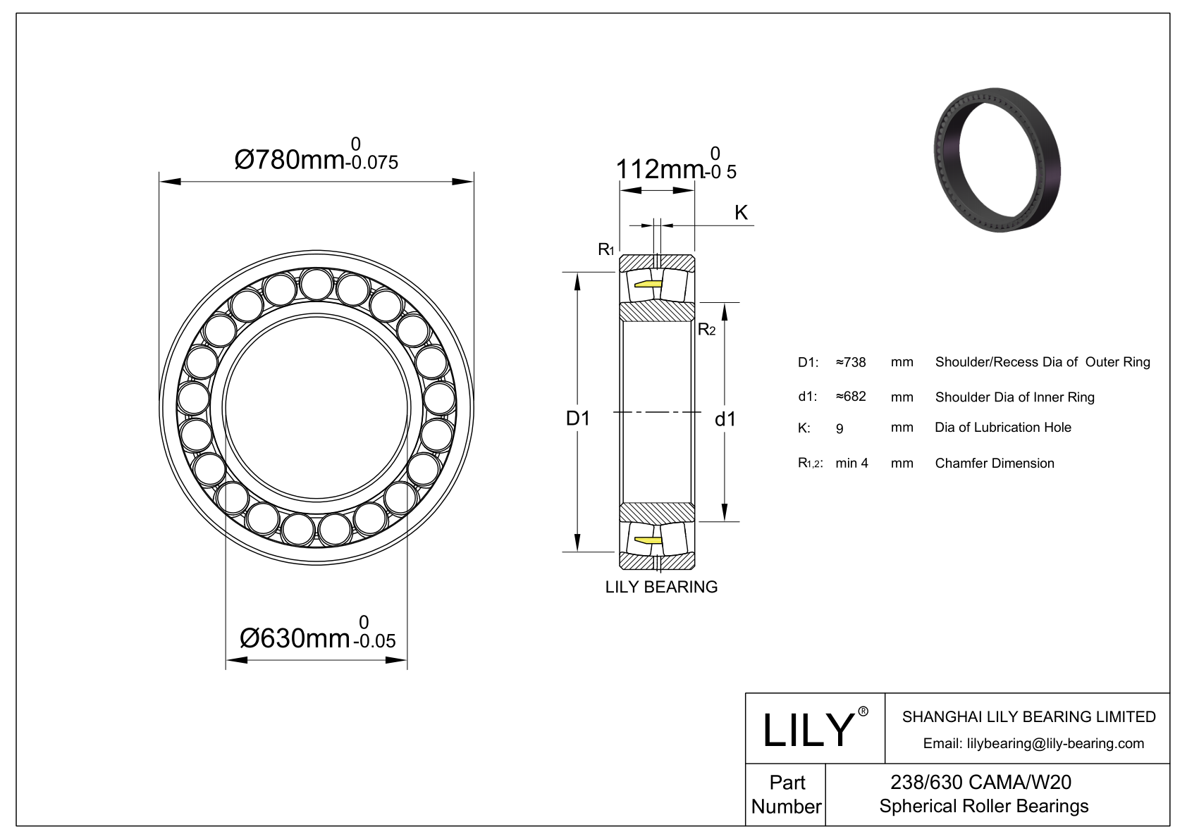 238/630 CAMA/W20 Double Row Spherical Roller Bearing cad drawing
