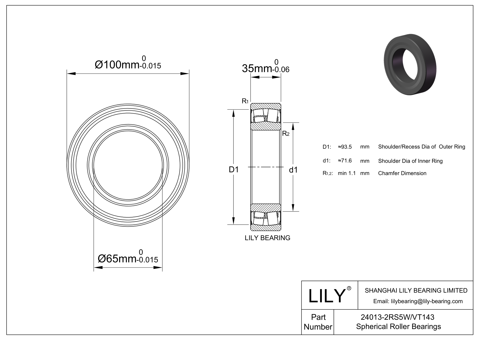 24013-2RS5W/VT143 Double Row Spherical Roller Bearing cad drawing