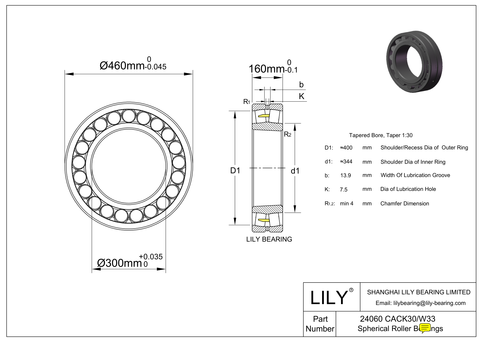 24060 CACK30/W33 Double Row Spherical Roller Bearing cad drawing