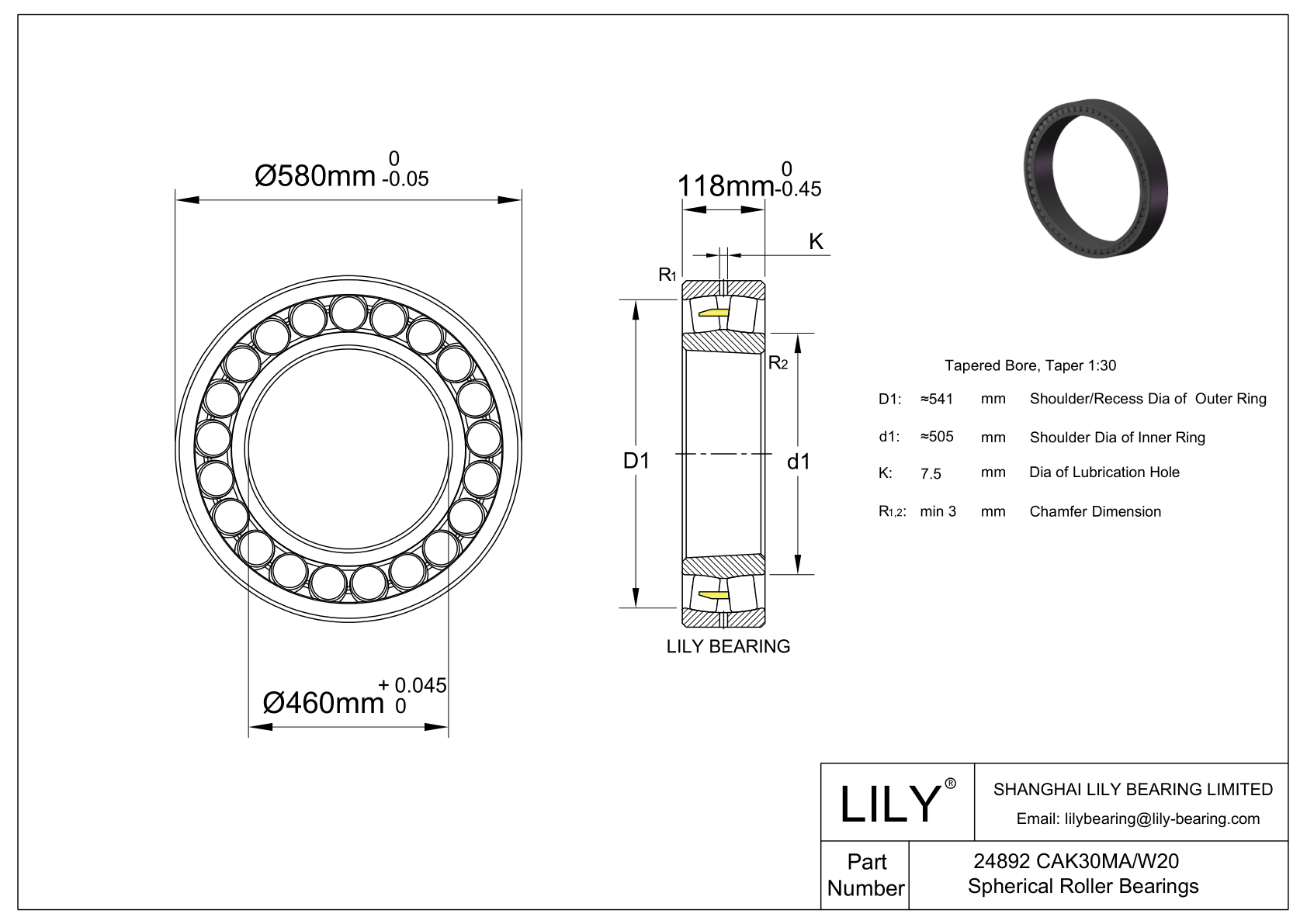 24892 CAK30MA/W20 Double Row Spherical Roller Bearing cad drawing