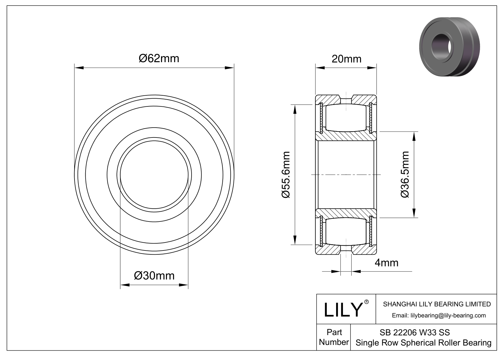 SB 22206 W33 SS Single Row Spherical Roller Bearing cad drawing