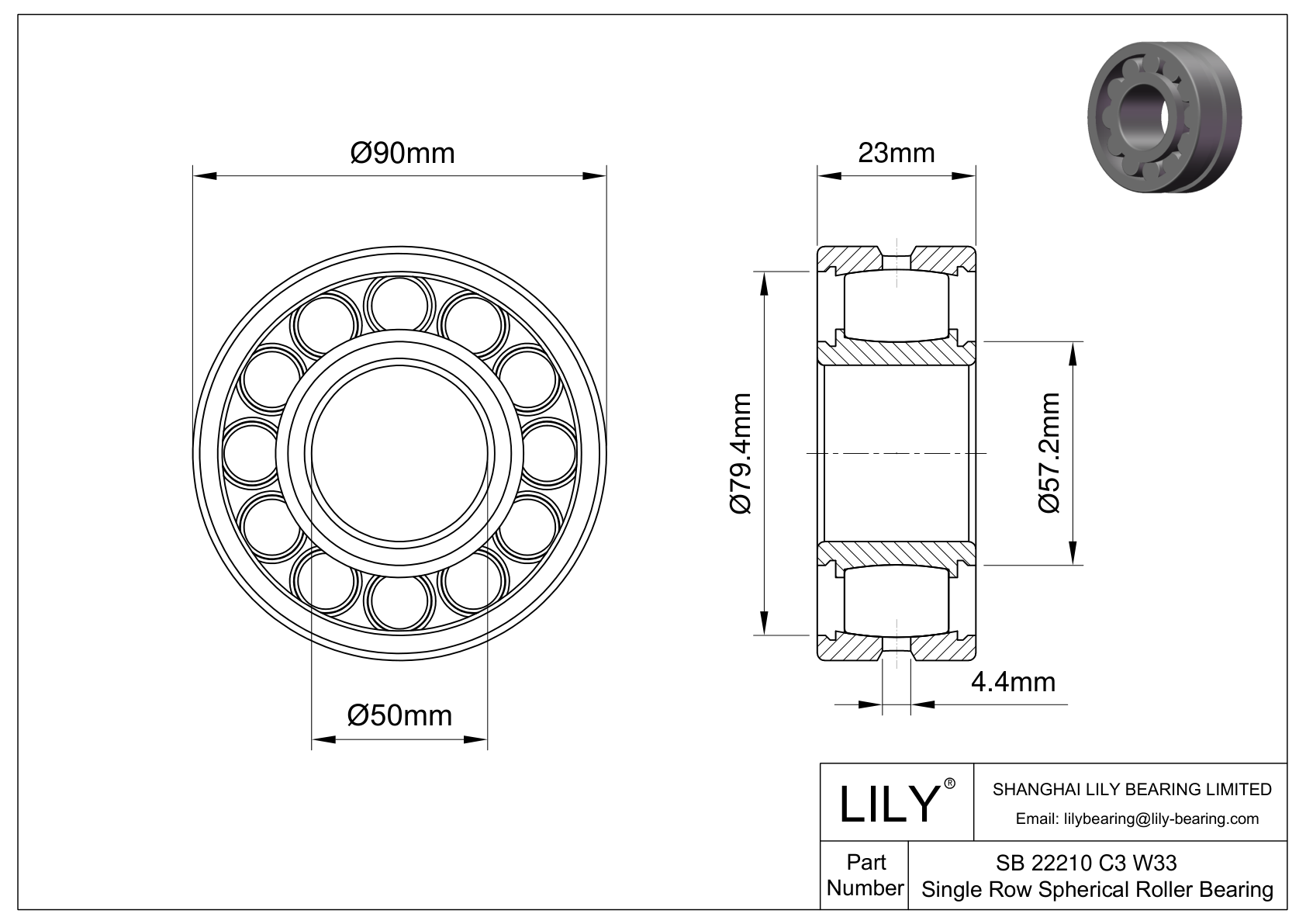 SB 22210 C3 W33 Rodamiento de rodillos a rótula de una hilera cad drawing