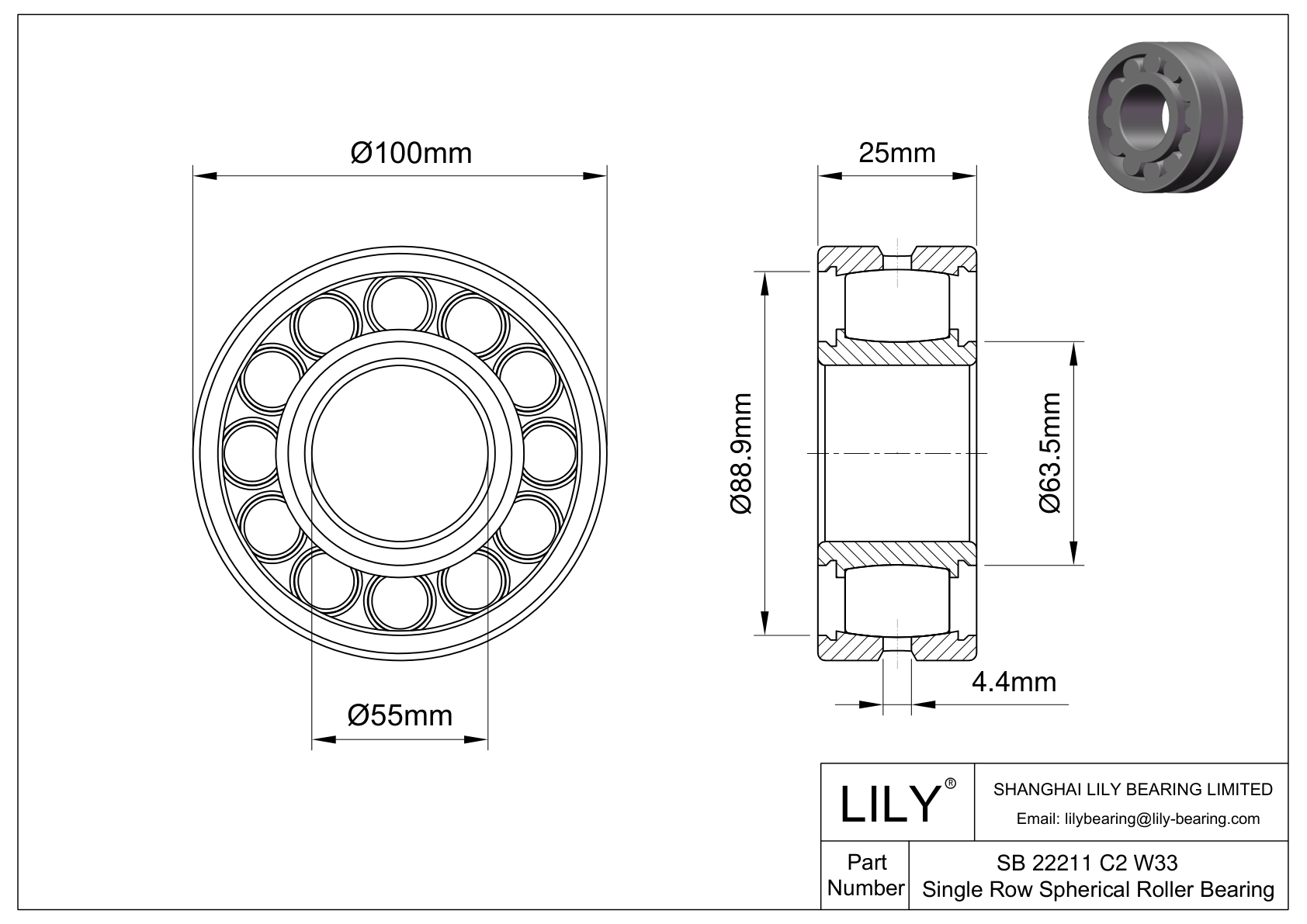 SB 22211 C2 W33 Rodamiento de rodillos a rótula de una hilera cad drawing