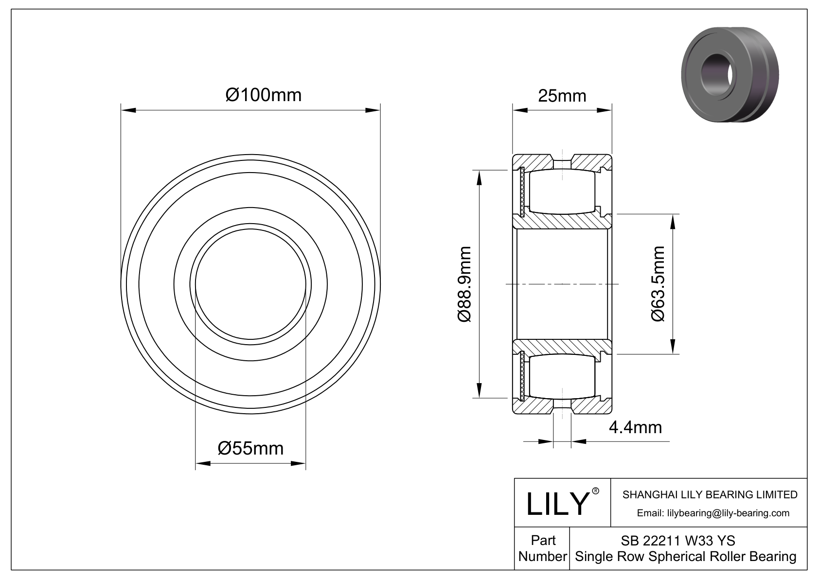 SB 22211 W33 YS Rodamiento de rodillos a rótula de una hilera cad drawing