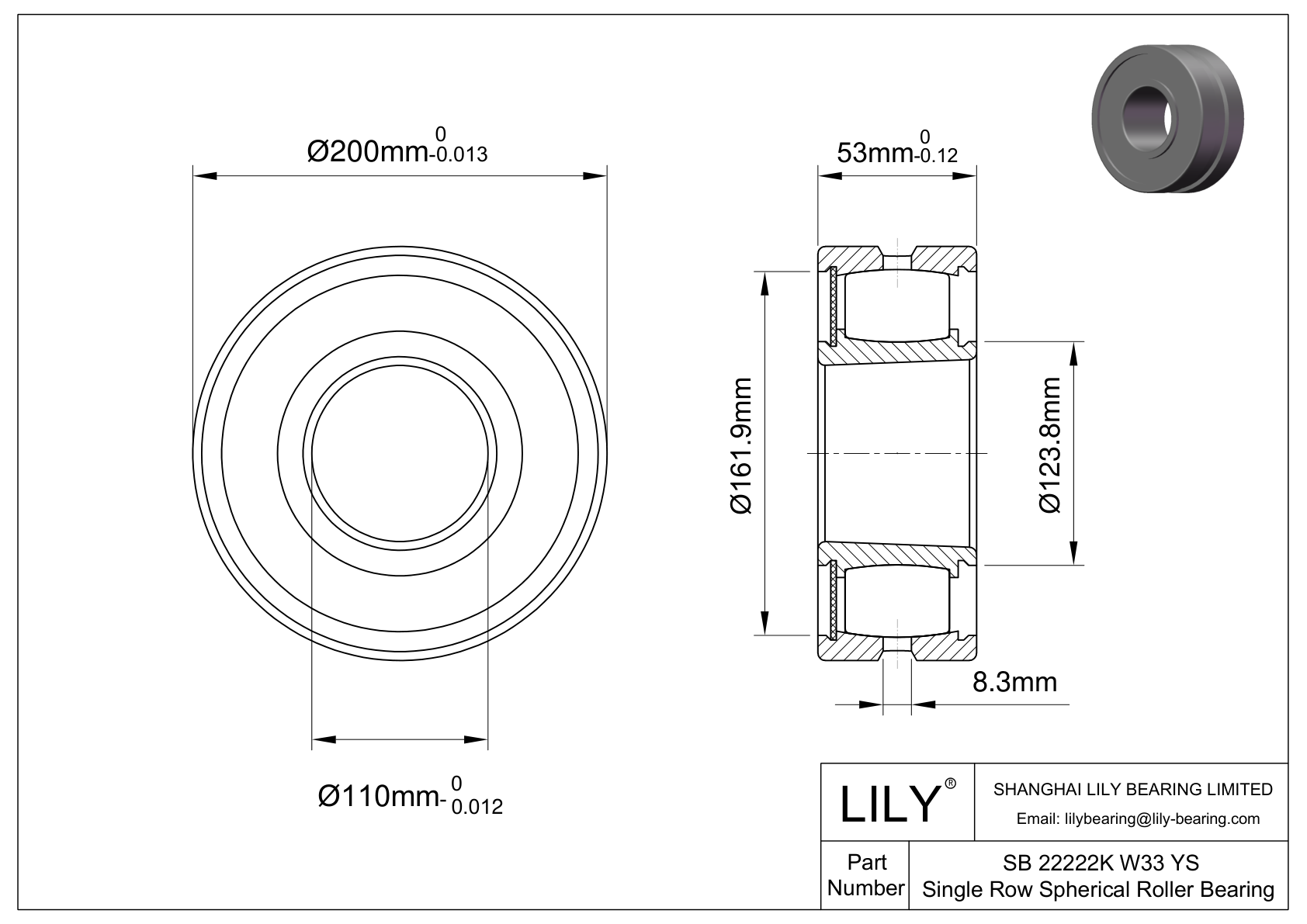 SB 22222K W33 YS Rodamiento de rodillos a rótula de una hilera cad drawing