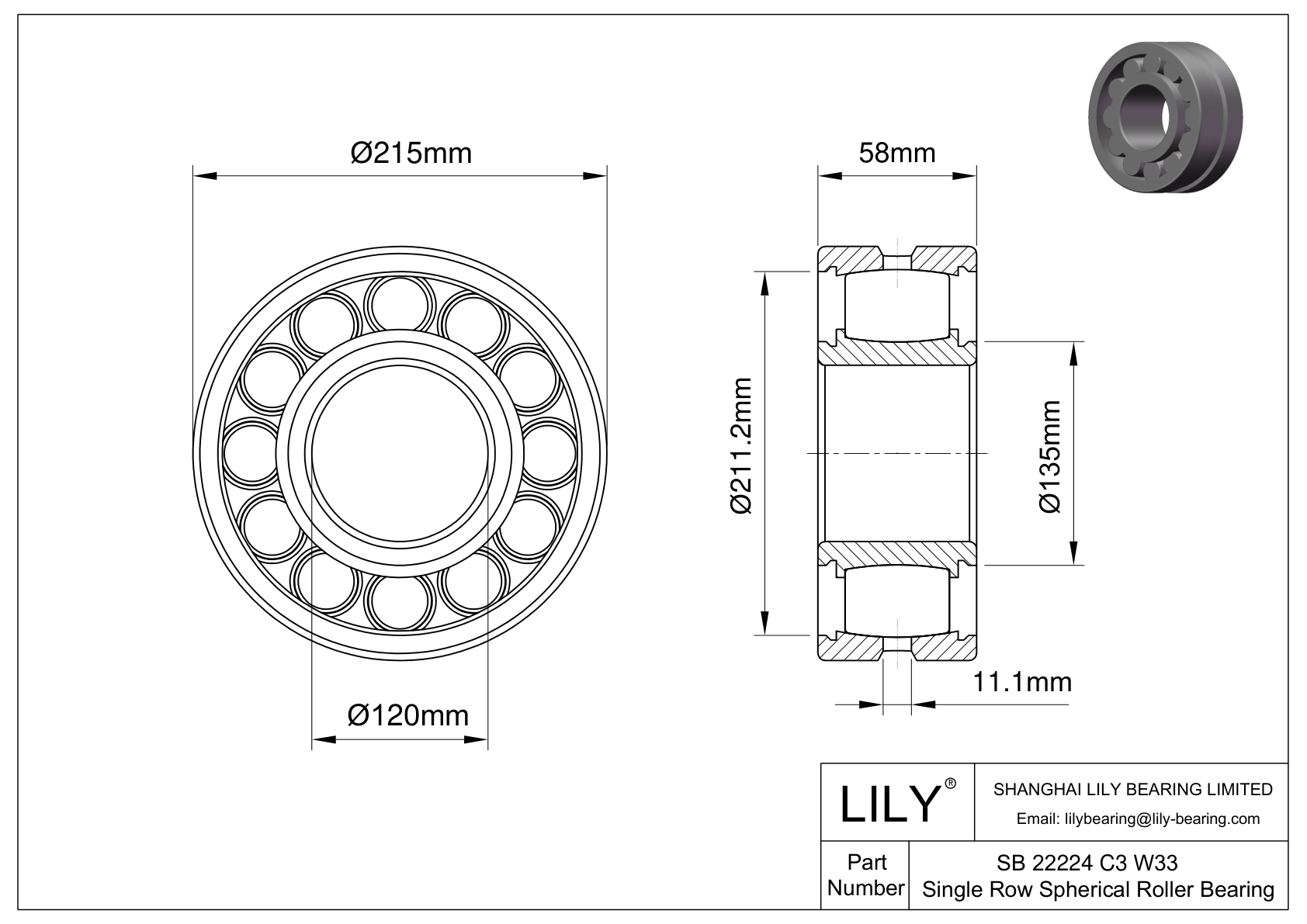 SB 22224 C3 W33 Single Row Spherical Roller Bearing cad drawing