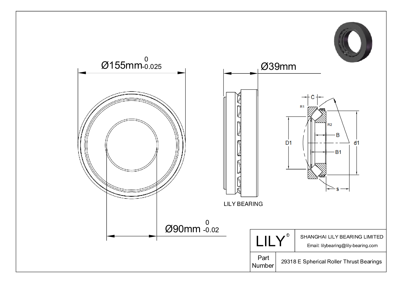 29318 E Spherical Roller Thrust Bearings cad drawing