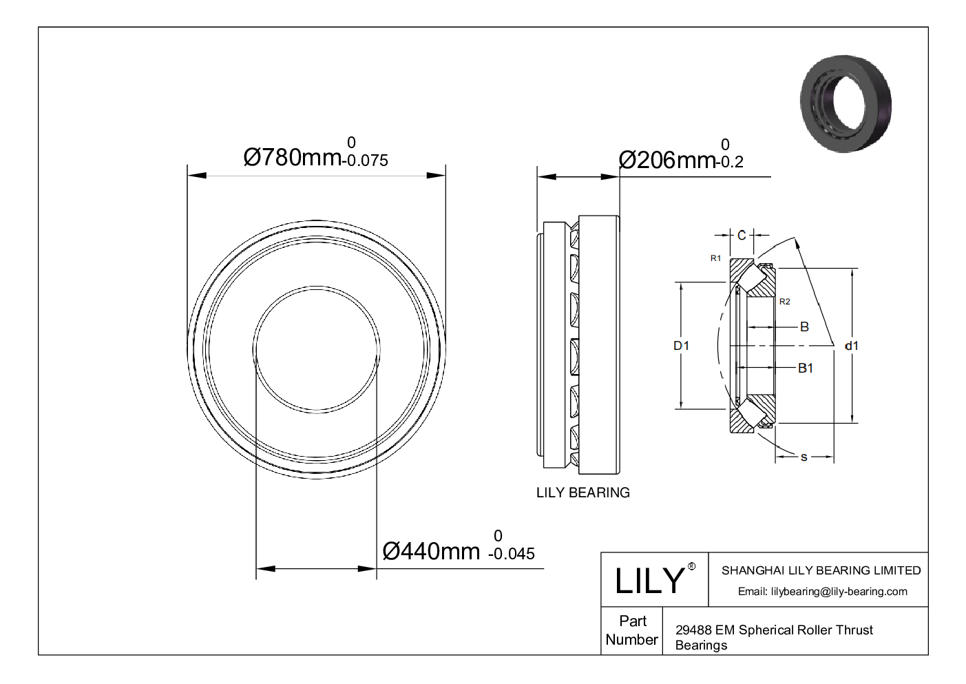 29488 EM Spherical Roller Thrust Bearings cad drawing