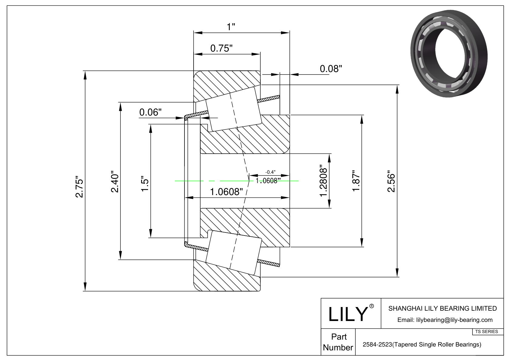 2584-2523 TS (Tapered Single Roller Bearings) (Imperial) cad drawing