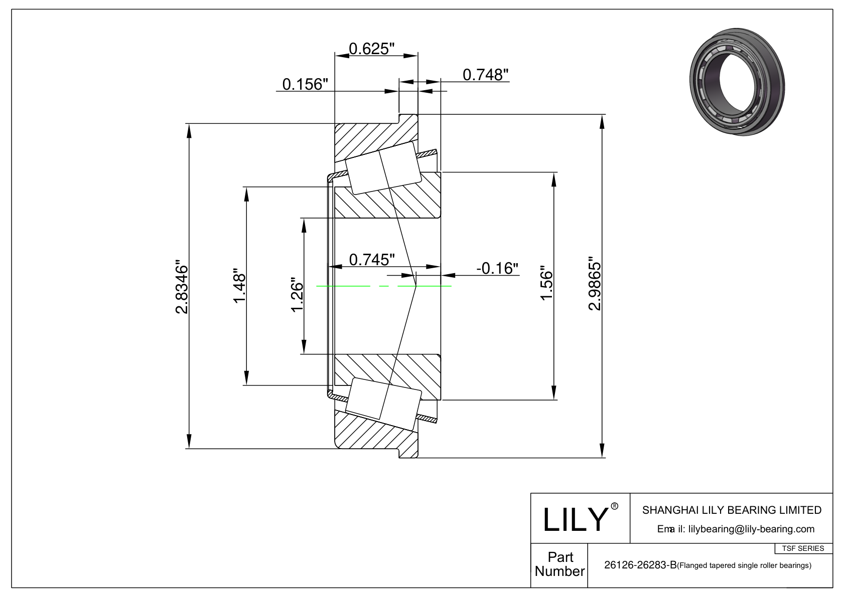 26126-26283-B TSF (Tapered Single Roller Bearings with Flange) (Imperial) cad drawing