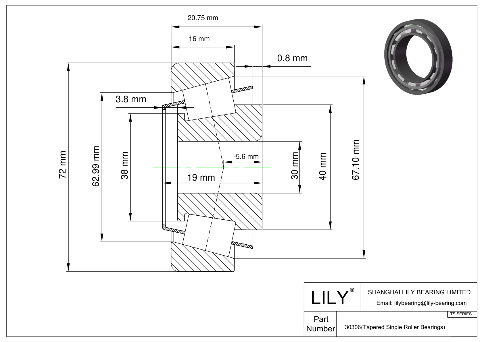 30306 TS (Tapered Single Roller Bearings) (Metric) cad drawing