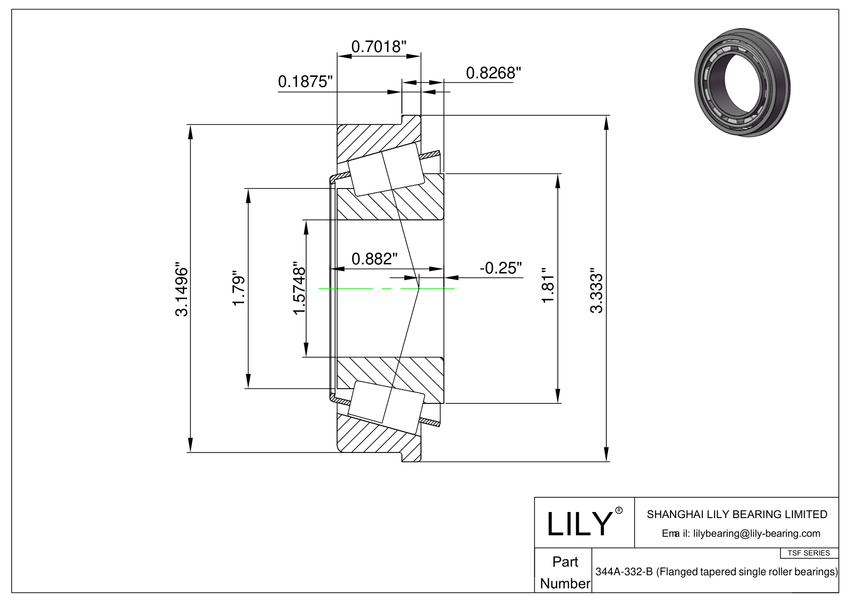344A-332-B TSF (Tapered Single Roller Bearings with Flange) (Imperial) cad drawing