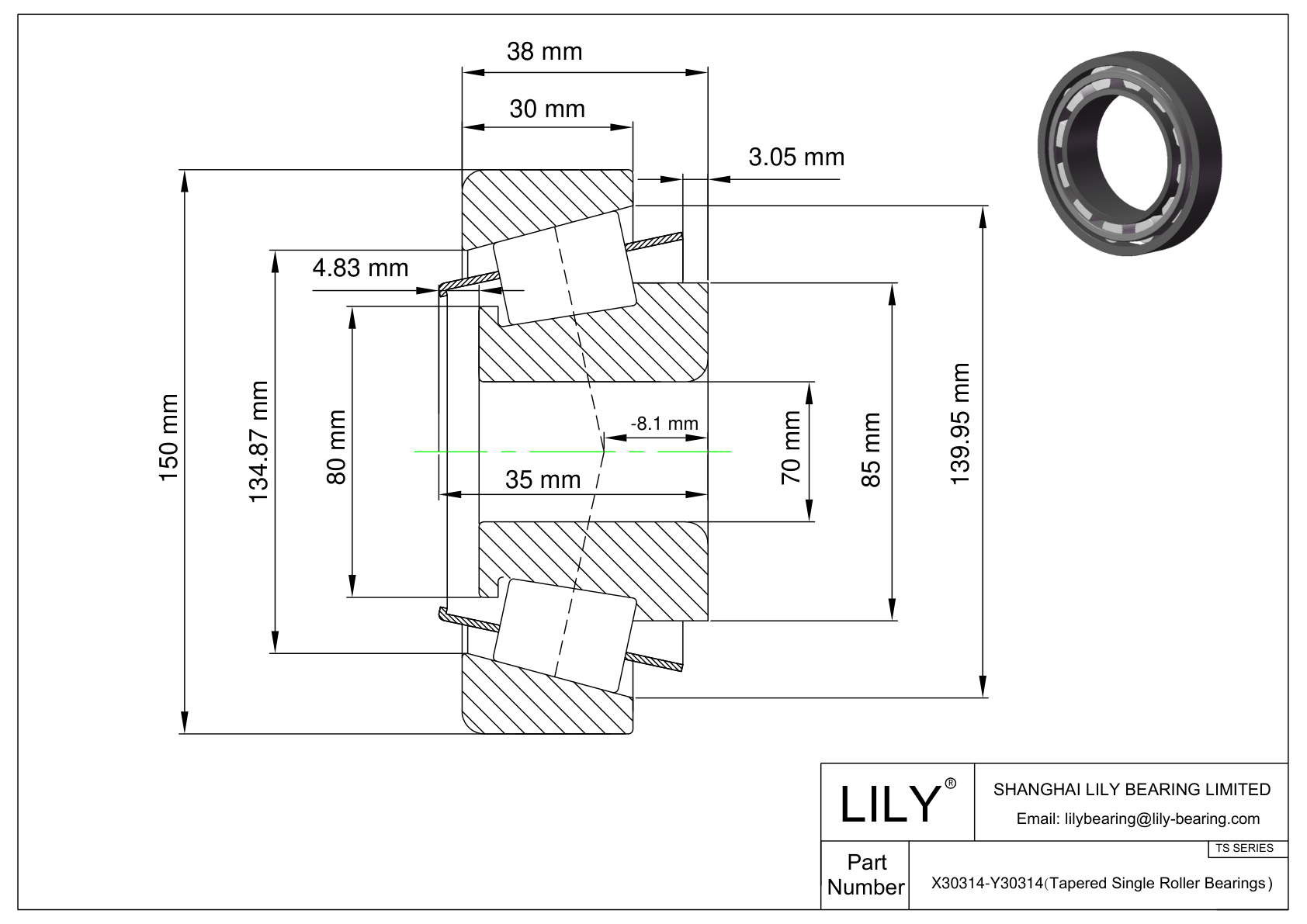 X30314-Y30314 TS (Tapered Single Roller Bearings) (Metric) cad drawing