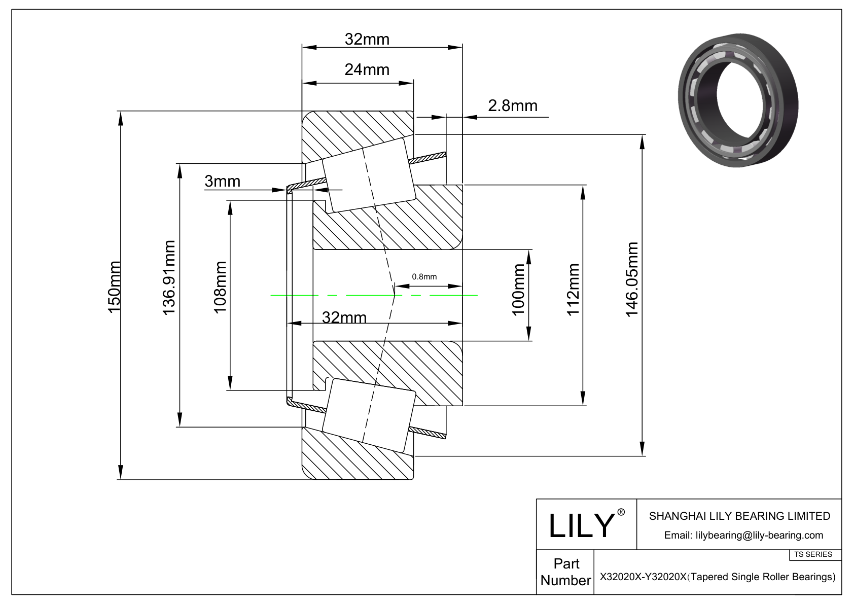 X32020X-Y32020X TS (Tapered Single Roller Bearings) (Metric) cad drawing