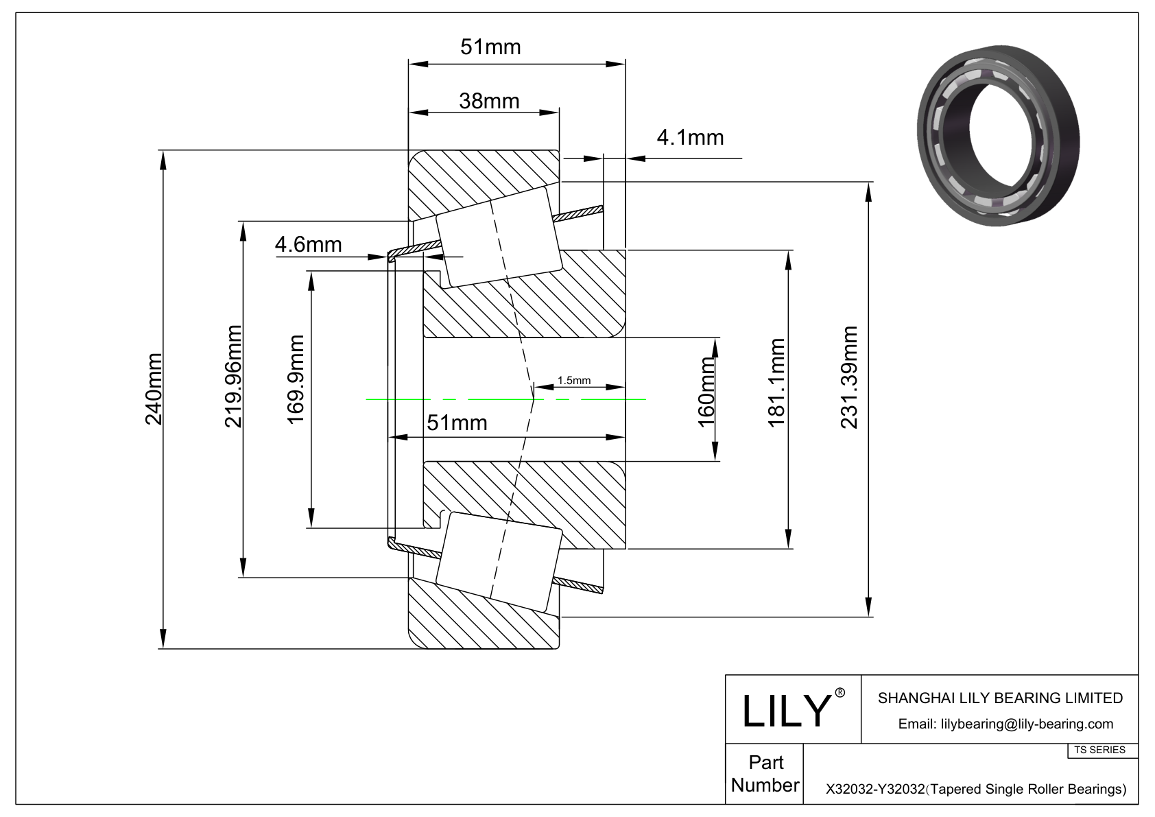 X32032-Y32032 TS (Tapered Single Roller Bearings) (Metric) cad drawing