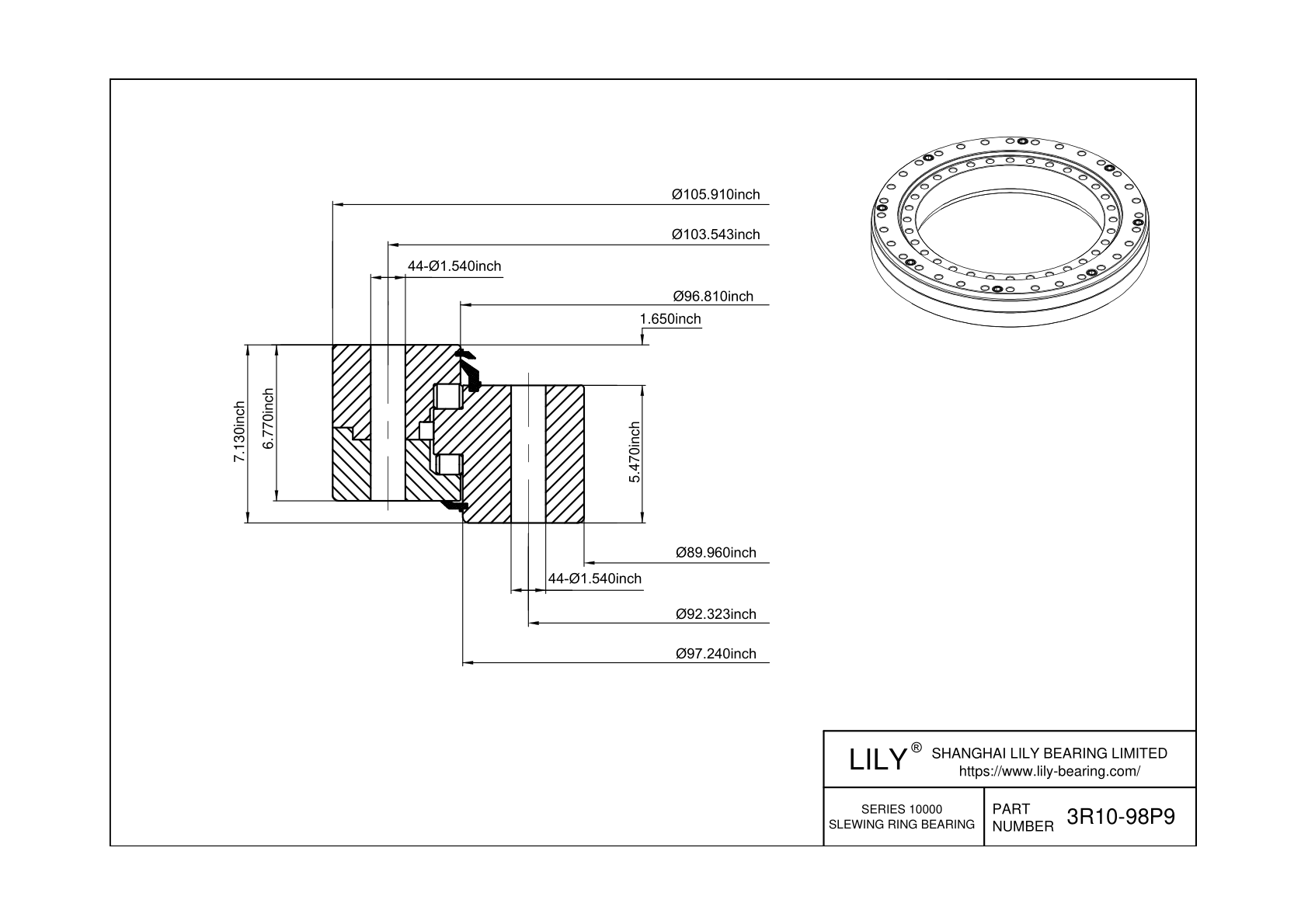 3R10-98P9 Three-Row Cross Roller Slewing Ring Bearing cad drawing