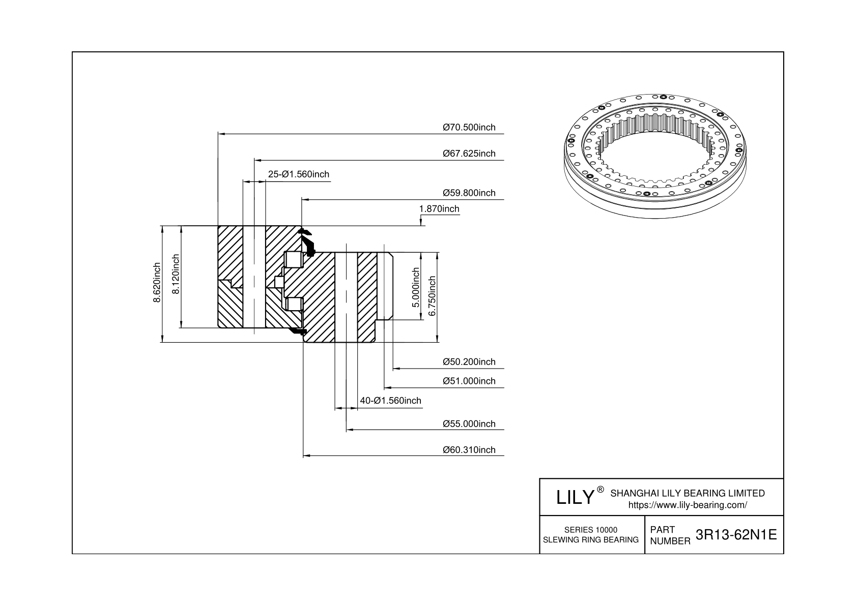 3R13-62N1E Three-Row Cross Roller Slewing Ring Bearing cad drawing