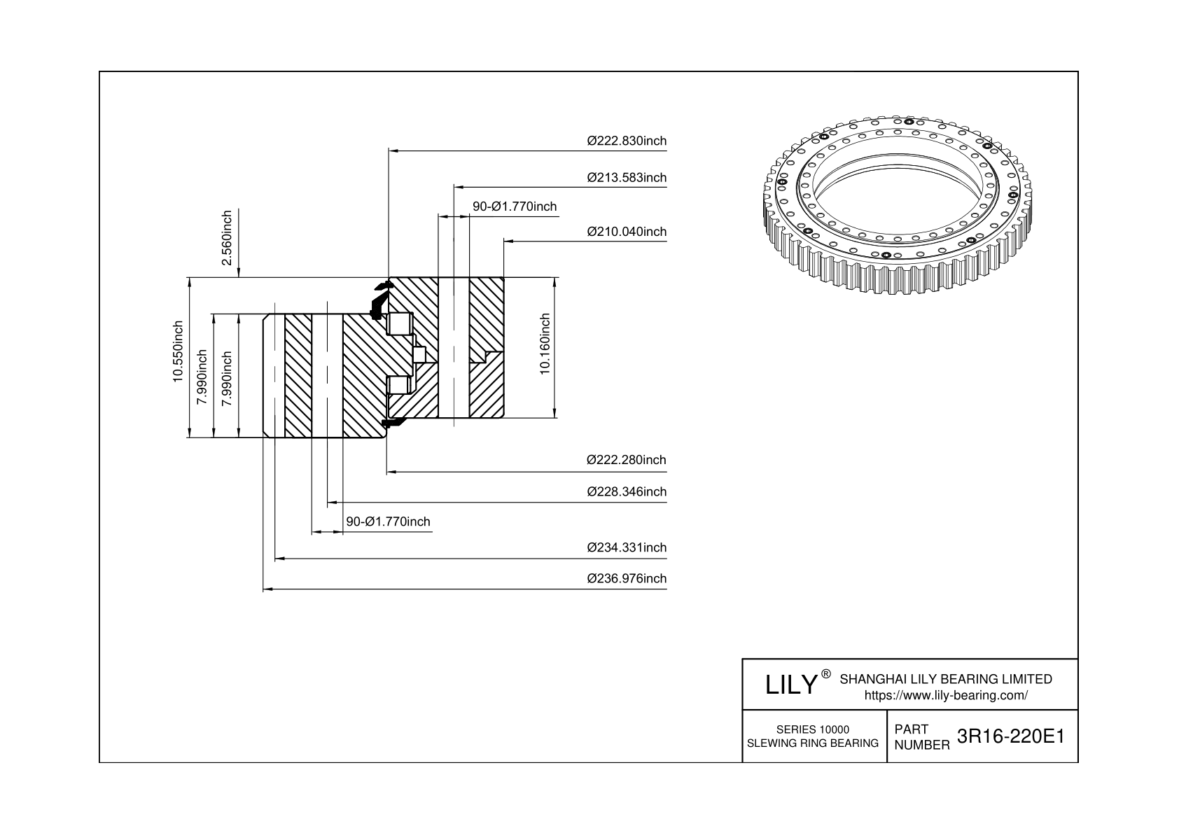 3R16-220E1 Three-Row Cross Roller Slewing Ring Bearing cad drawing