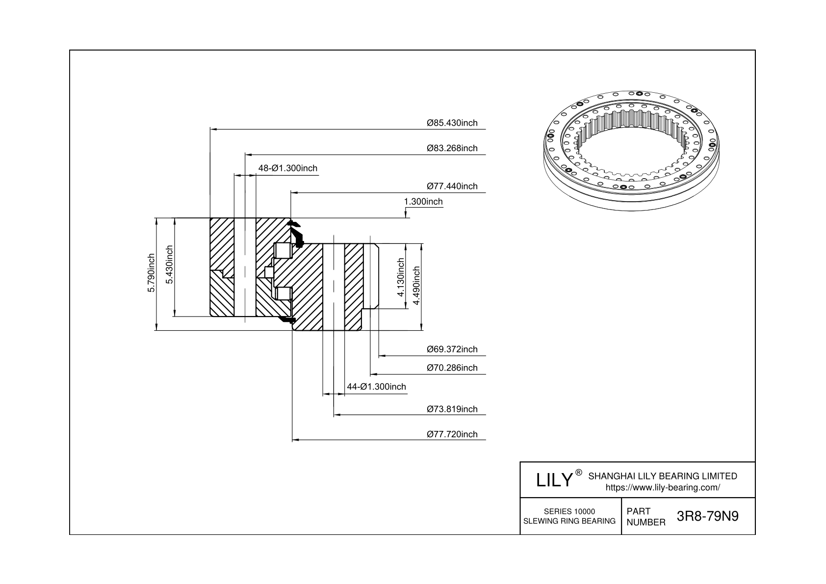 3R8-79N9 Three-Row Cross Roller Slewing Ring Bearing cad drawing