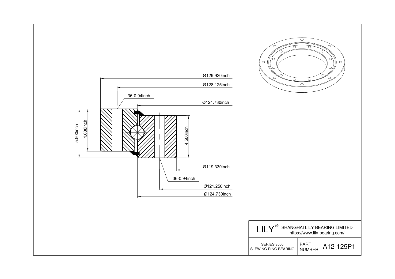 A12-125P1 Four Point Contact Ball Slewing Ring Bearing cad drawing