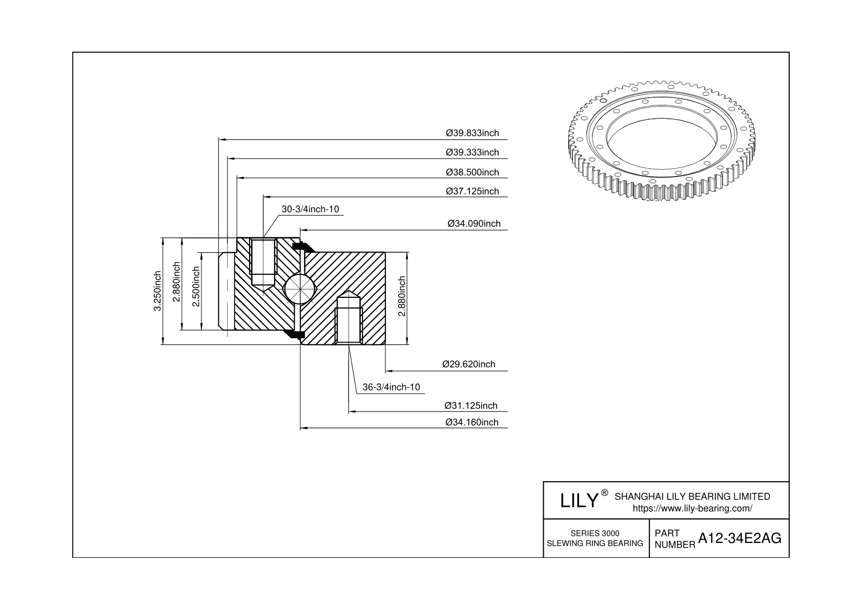 A12-34E2AG Four Point Contact Ball Slewing Ring Bearing cad drawing