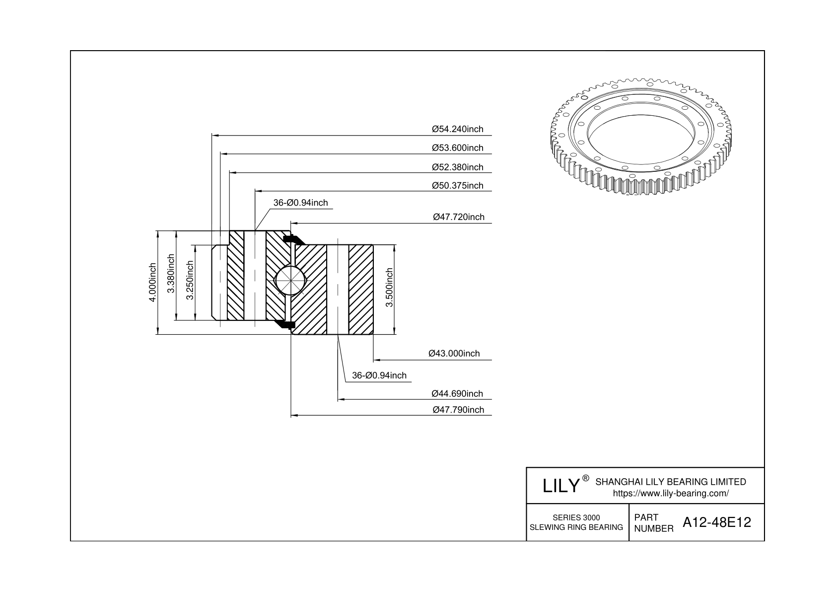 A12-48E12 Four Point Contact Ball Slewing Ring Bearing cad drawing