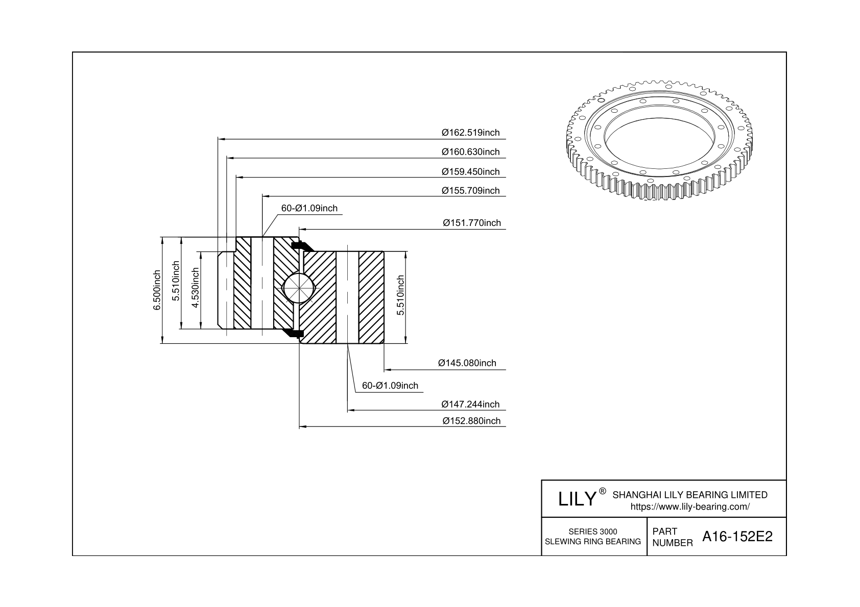 A16-152E2 Four Point Contact Ball Slewing Ring Bearing cad drawing
