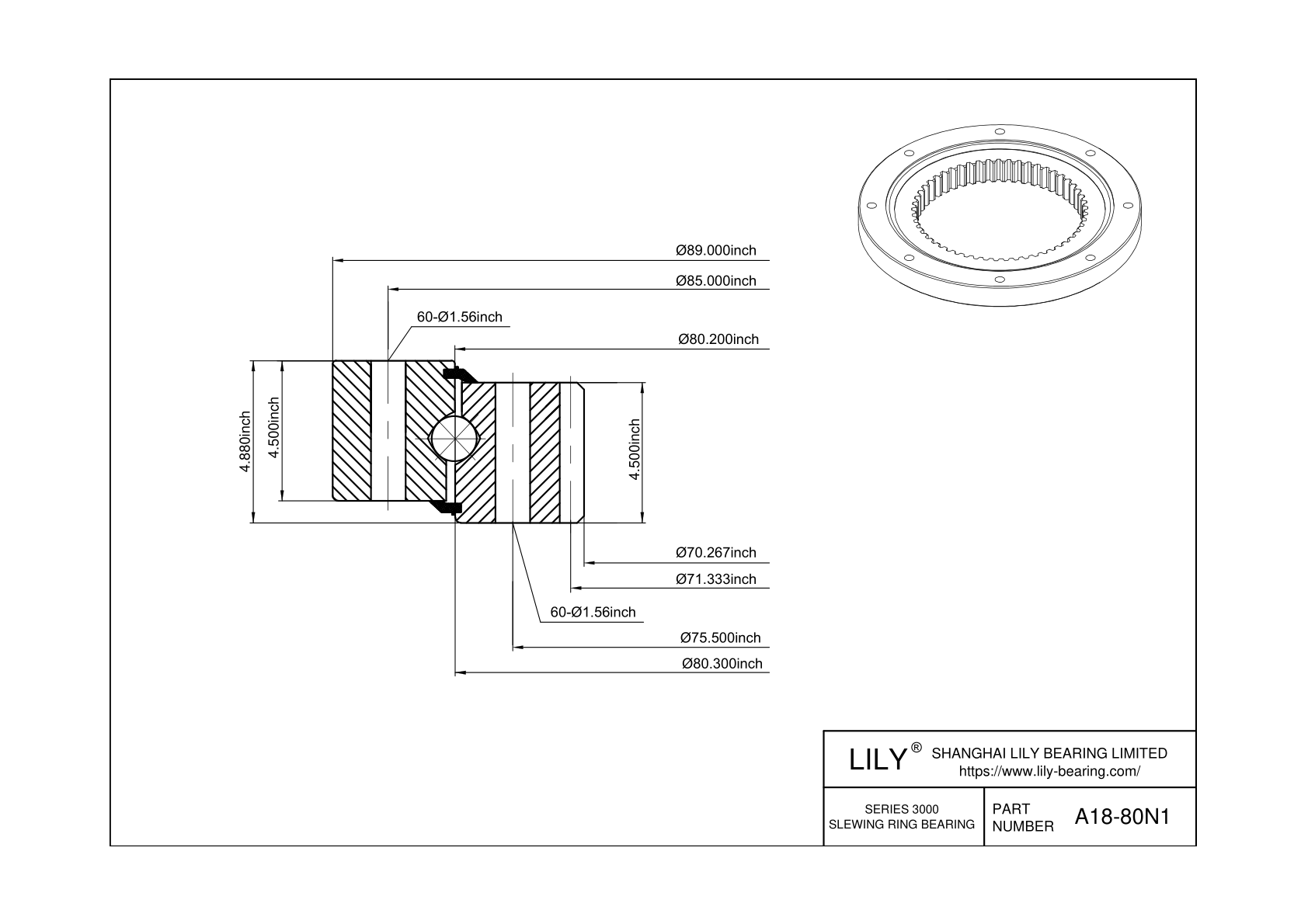 A18-80N1 Four Point Contact Ball Slewing Ring Bearing cad drawing