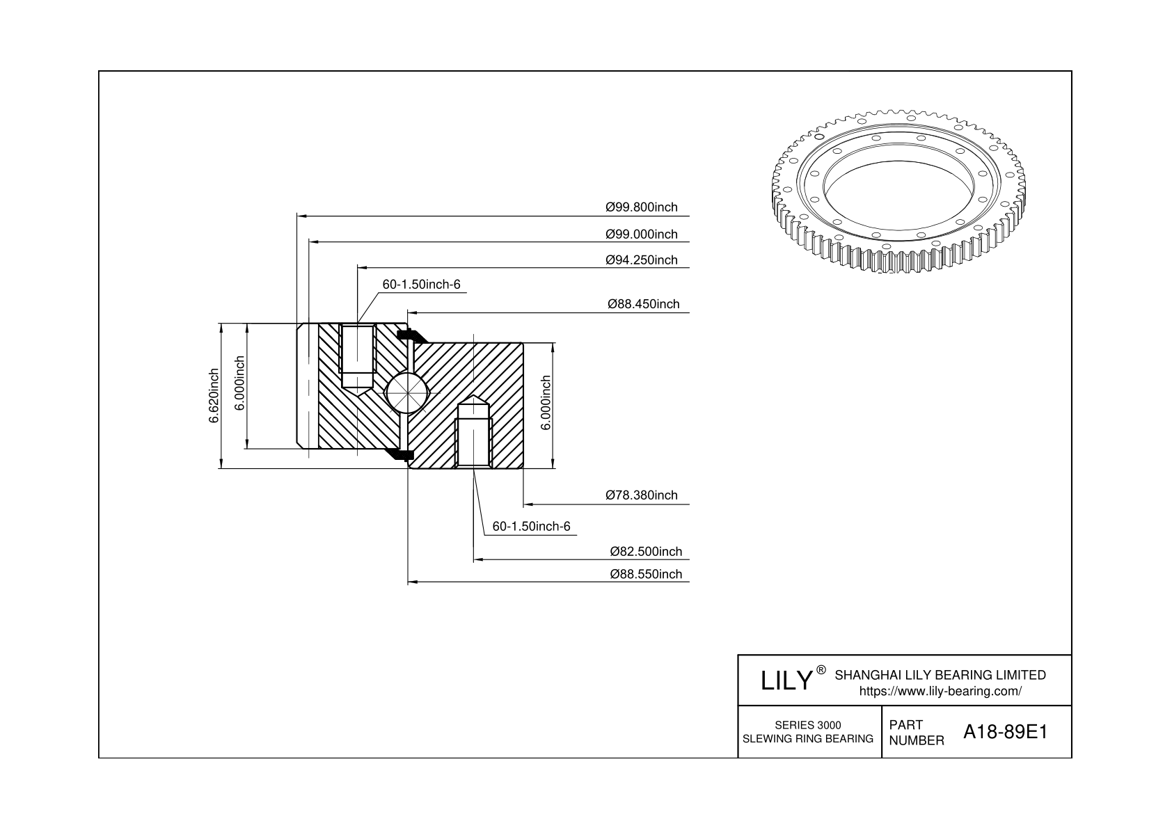 A18-89E1 Four Point Contact Ball Slewing Ring Bearing cad drawing