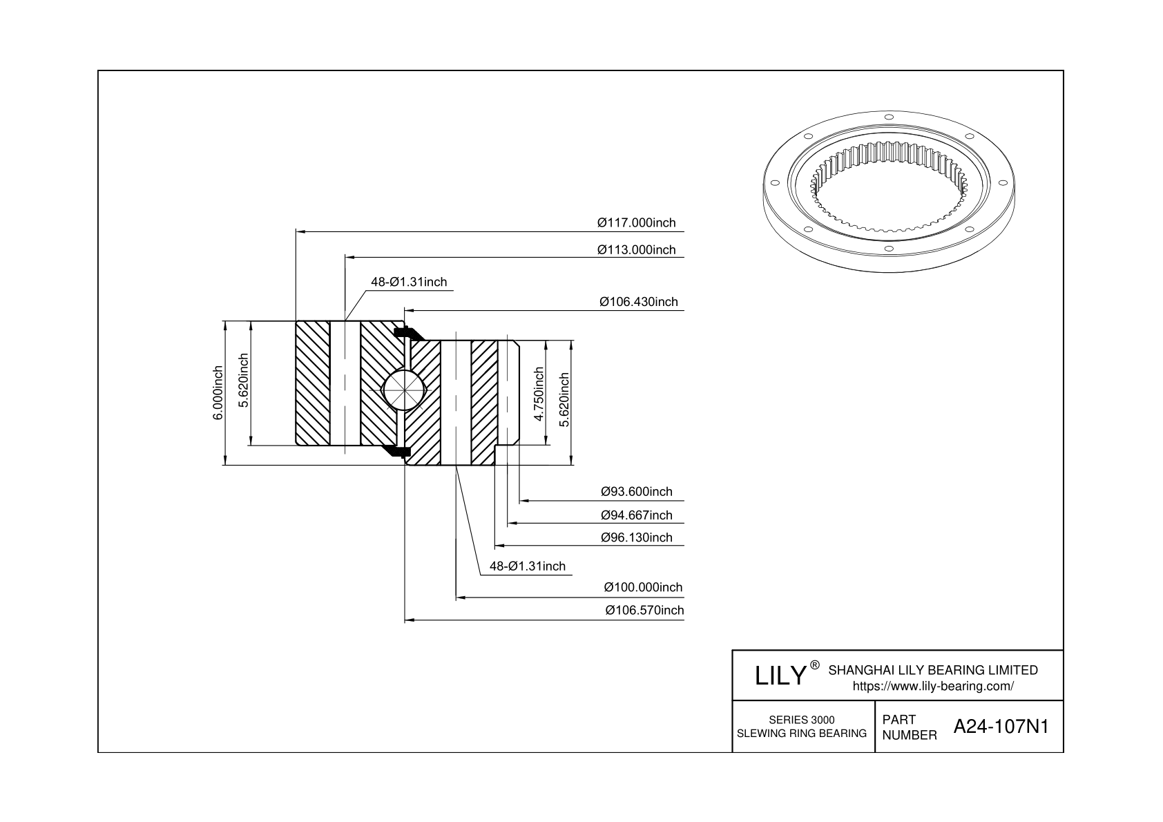 A24-107N1 Four Point Contact Ball Slewing Ring Bearing cad drawing