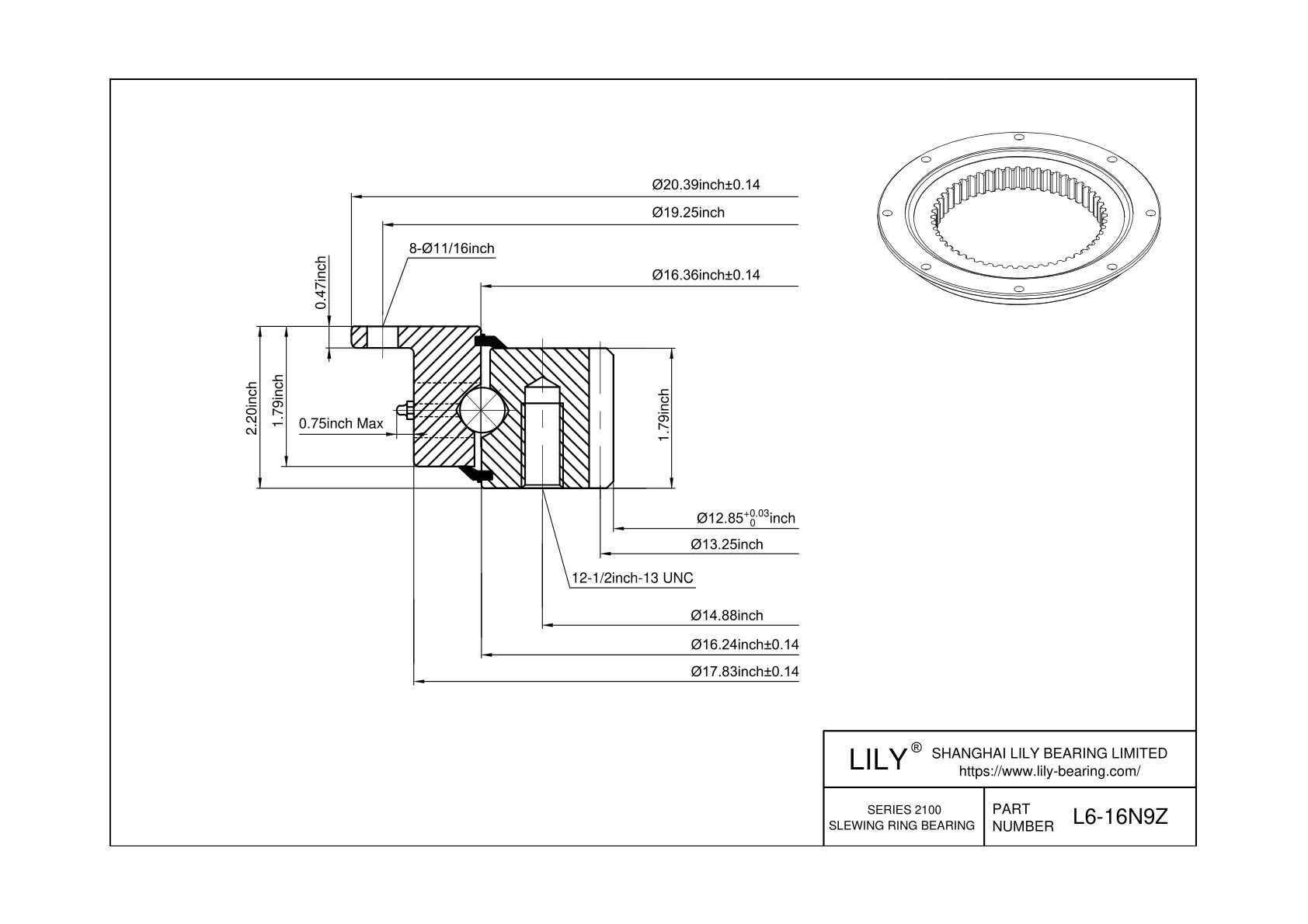 L6-16N9Z Four Point Contact Ball Slewing Ring Bearing cad drawing