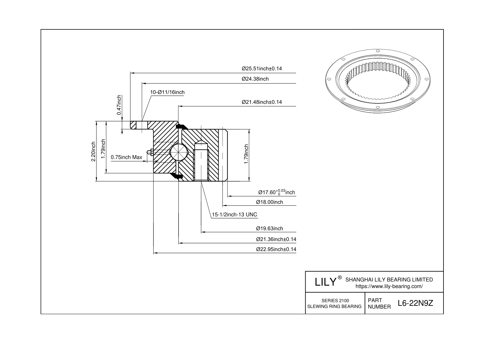 L6-22N9Z Four Point Contact Ball Slewing Ring Bearing cad drawing