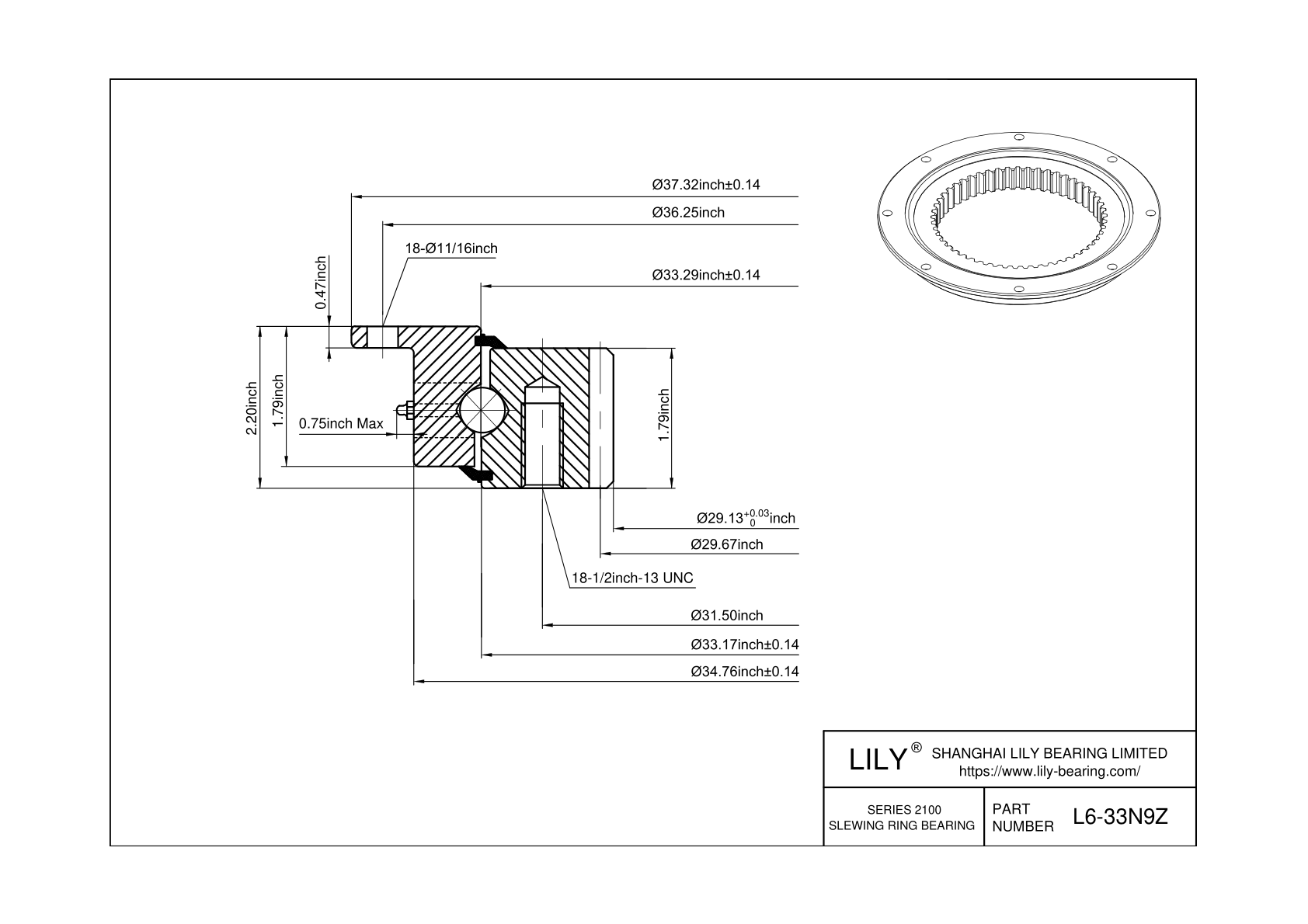L6-33N9Z Four Point Contact Ball Slewing Ring Bearing cad drawing