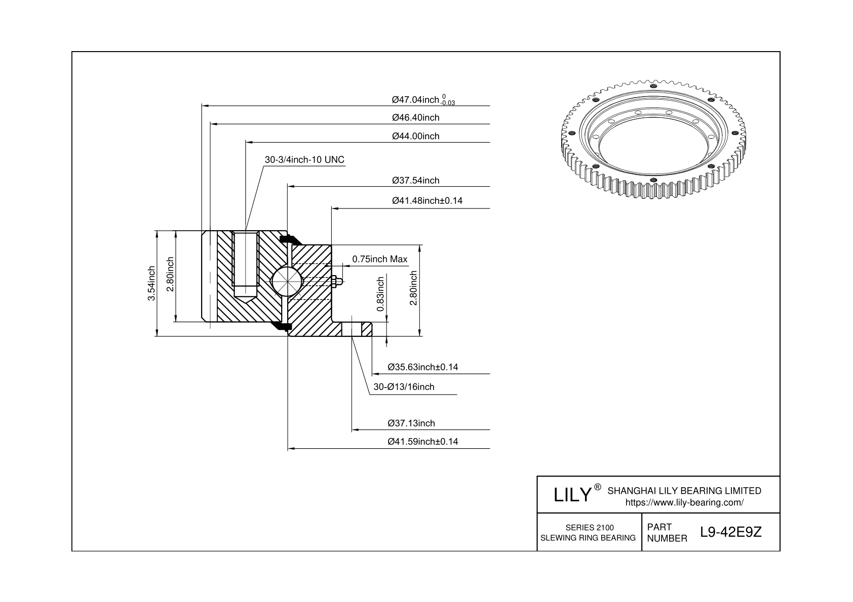 L9-42E9Z Four Point Contact Ball Slewing Ring Bearing cad drawing