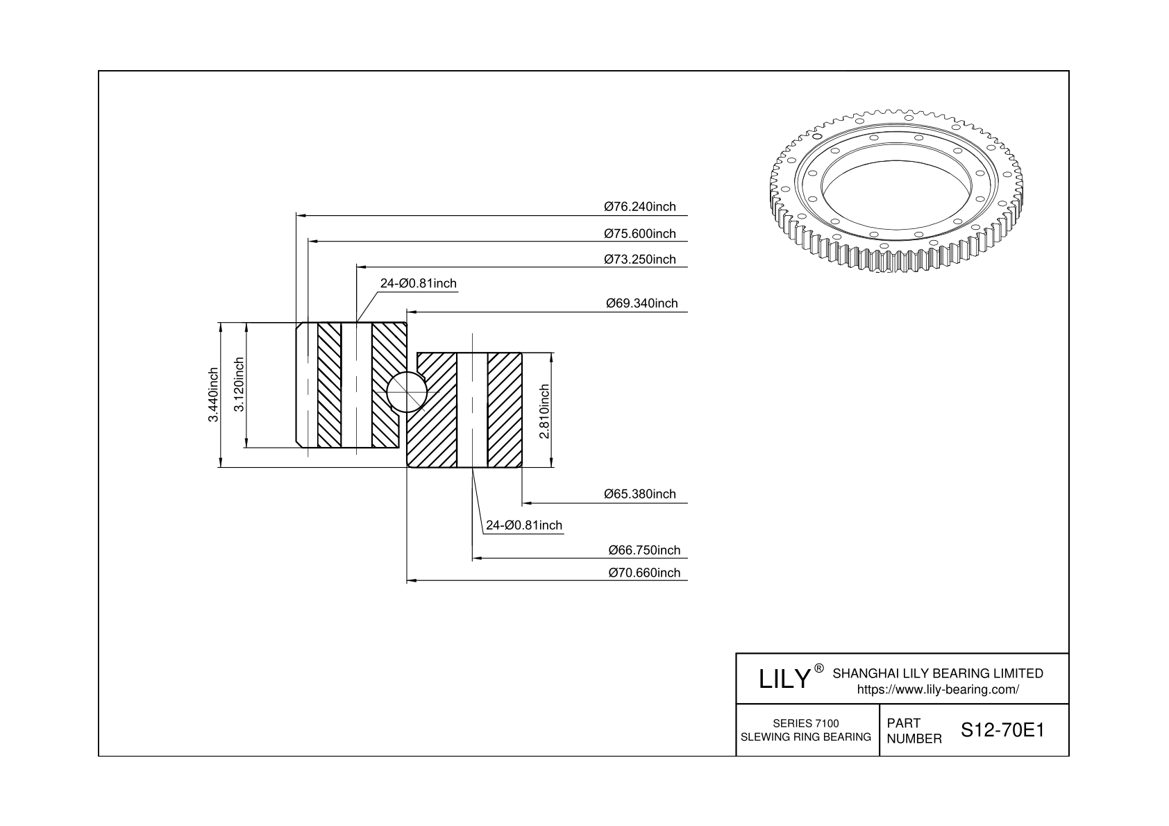 S12-70E1 Thrust Ball Slewing Rings cad drawing