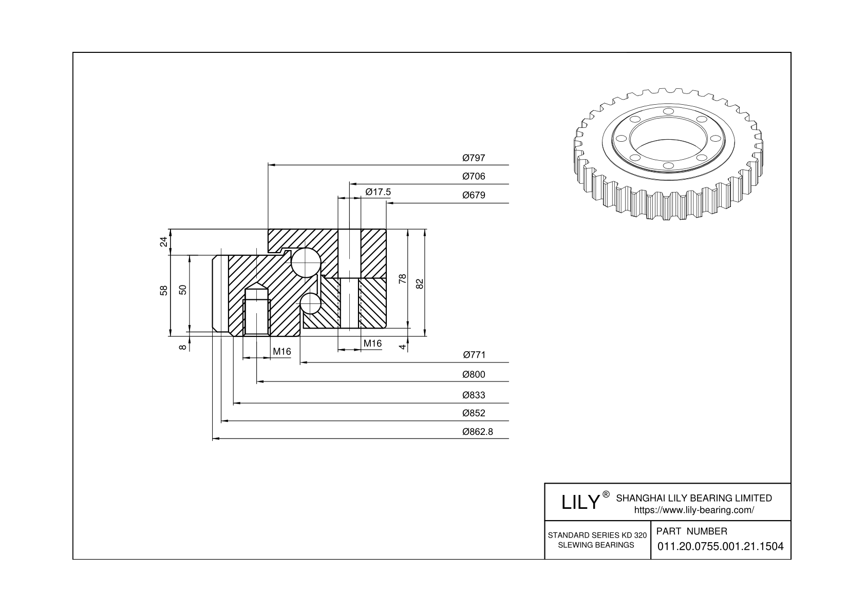 011.20.0755.001.21.1504 Eight Point Contact Ball Slewing Ring Bearing cad drawing
