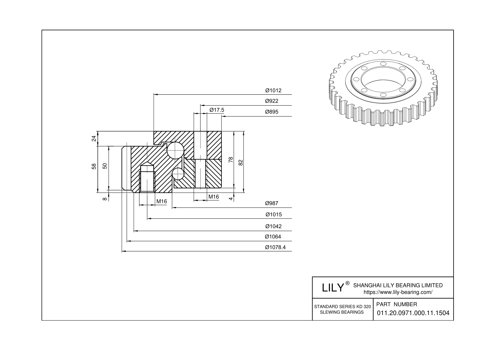 011.20.0971.000.11.1504 Eight Point Contact Ball Slewing Ring Bearing cad drawing