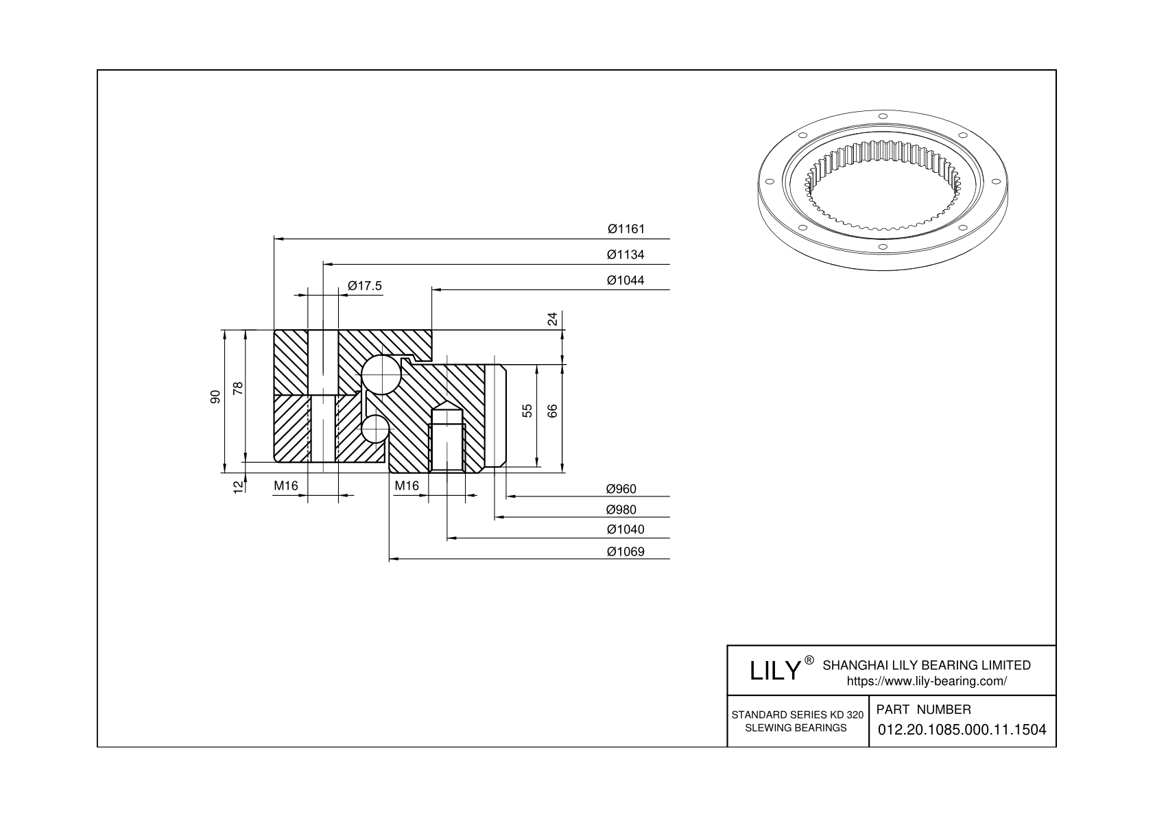 012.20.1085.000.11.1504 Eight Point Contact Ball Slewing Ring Bearing cad drawing