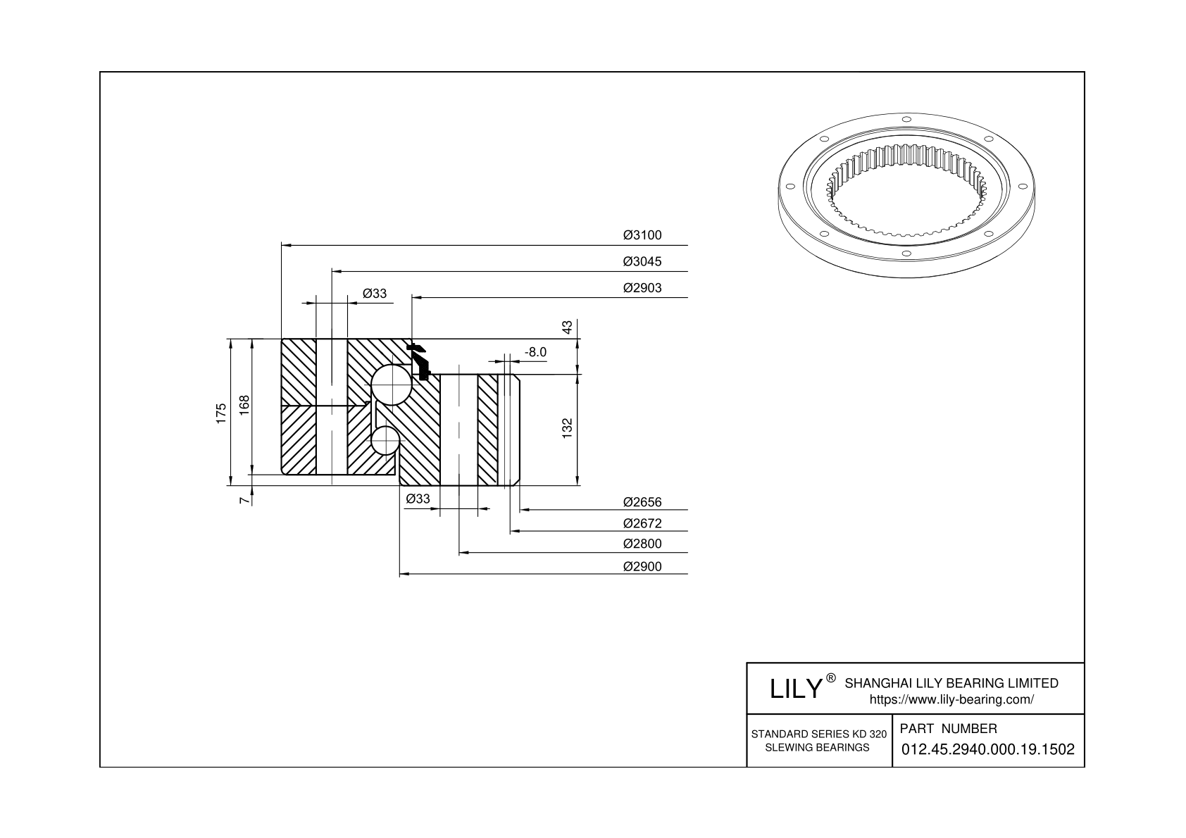 012.45.2940.000.19.1502 Eight Point Contact Ball Slewing Ring Bearing cad drawing