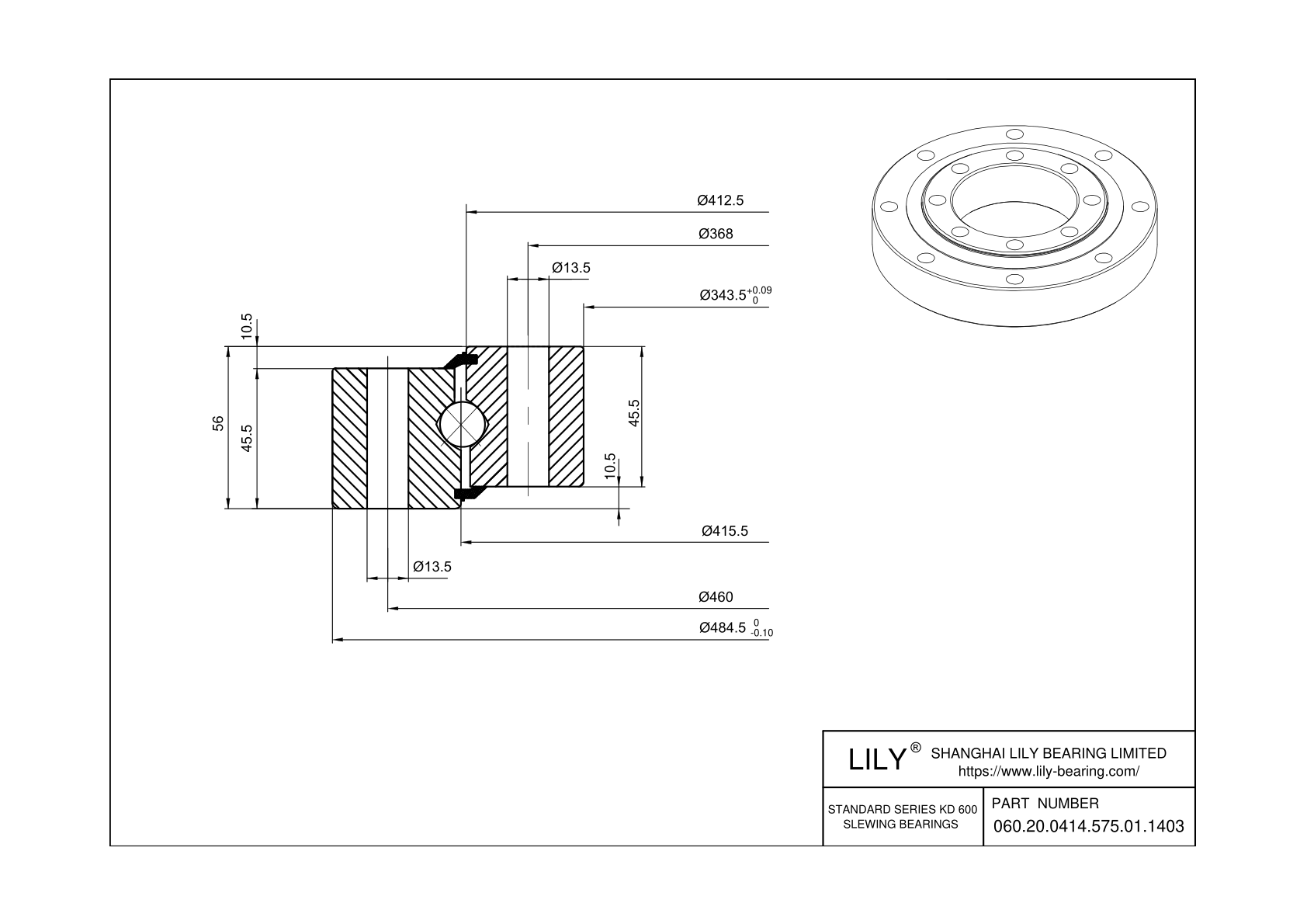 060.20.0414.575.01.1403 Four Point Contact Ball Slewing Ring Bearing cad drawing