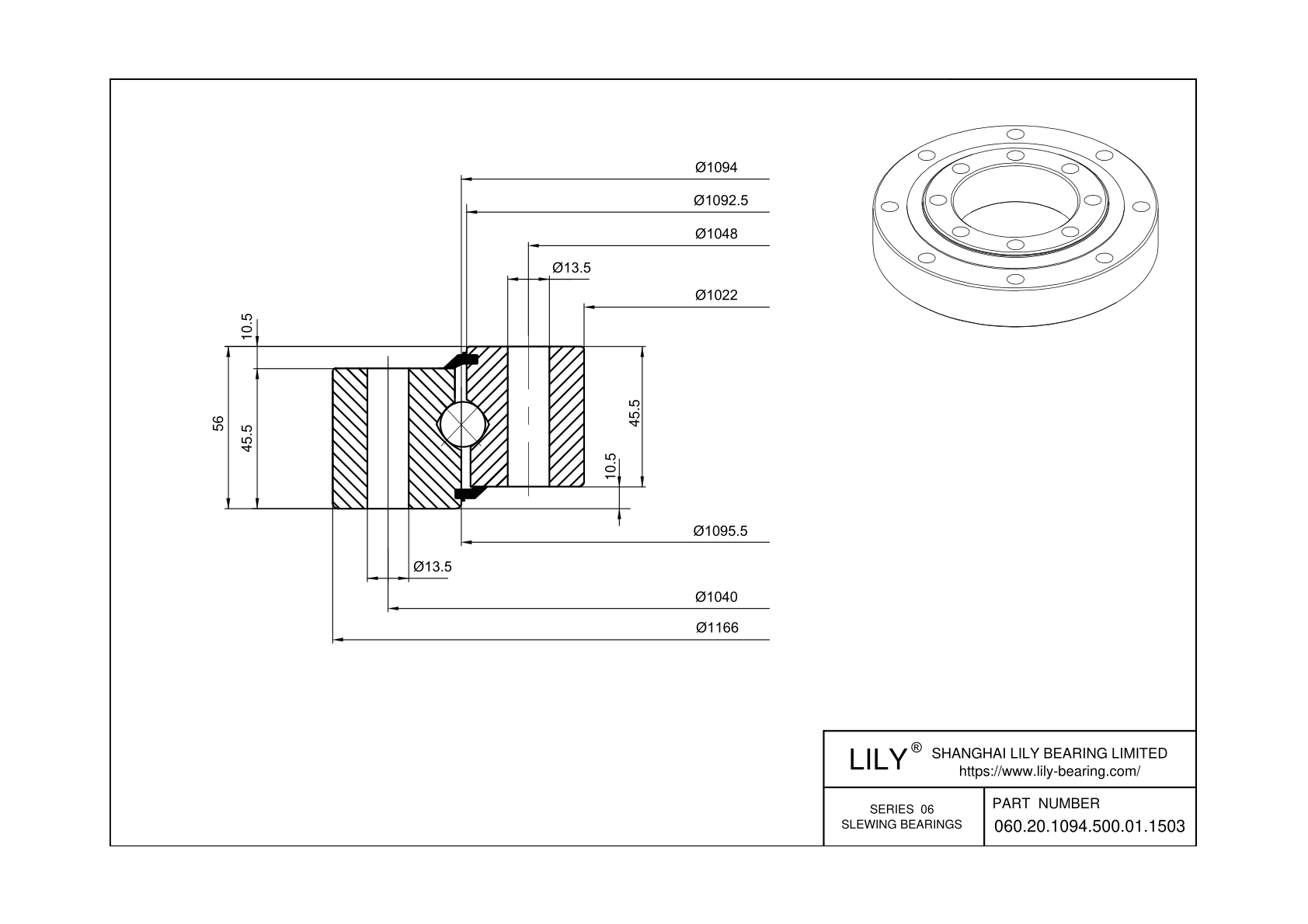 060.20.1094.500.01.1503 Four Point Contact Ball Slewing Ring Bearing cad drawing